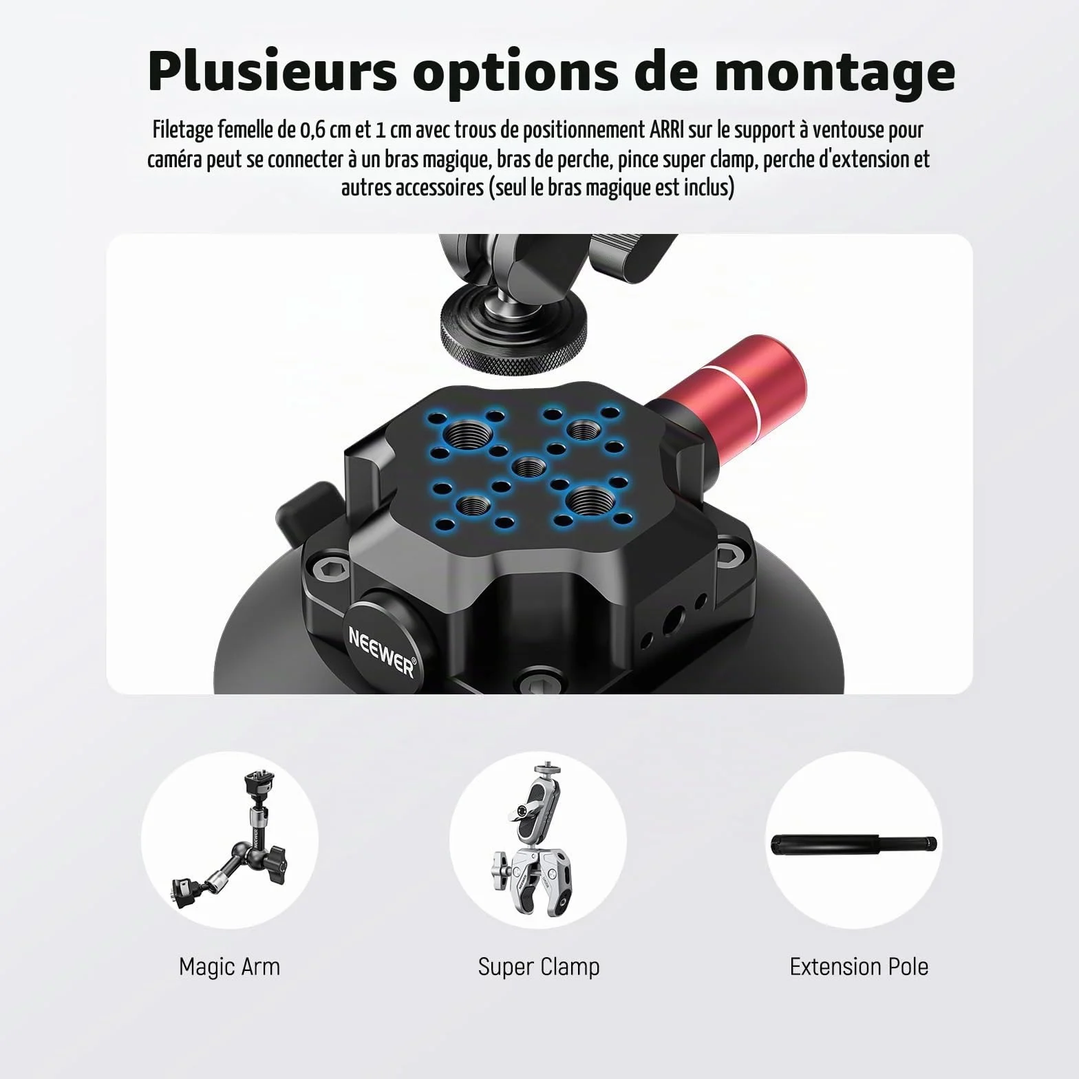 NEEWER Support Caméra Ventouse 4,5" Bras Magique, Compatible avec Arri 1/4" 3/8" Trous, Support Voiture Quick Release, Adaptateur Action Cam Compatible avec iPhone GoPro DJI Insta360, CA105