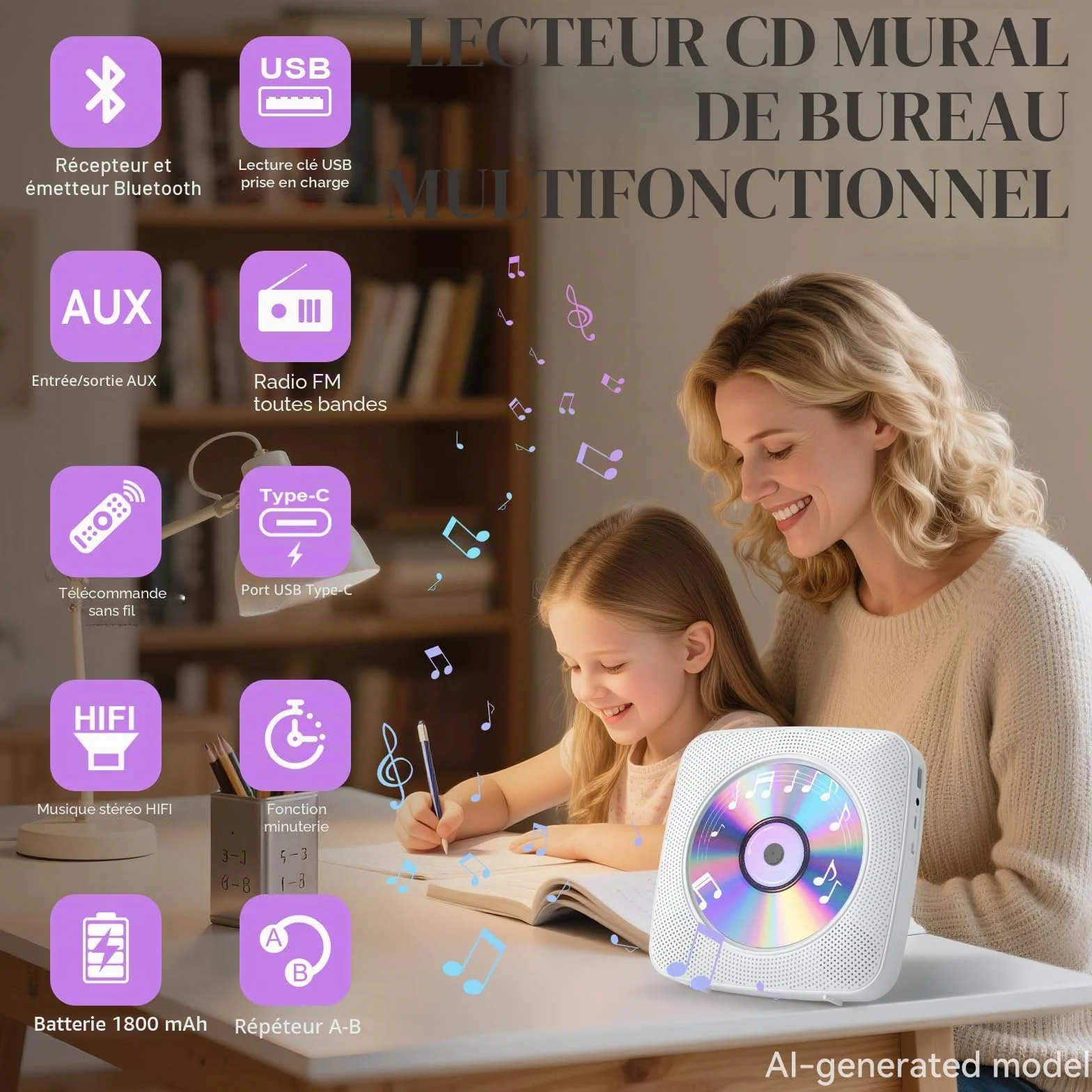 Gueray Lecteur CD Portable Bluetooth 1800mah Lecteur CD de Bureau pour la Maison Lecteurs CD avec Deux Haut - parleurs Télécommande Housse Anti-poussière Affichage Radio FM Minuterie USB Aux-Blanc