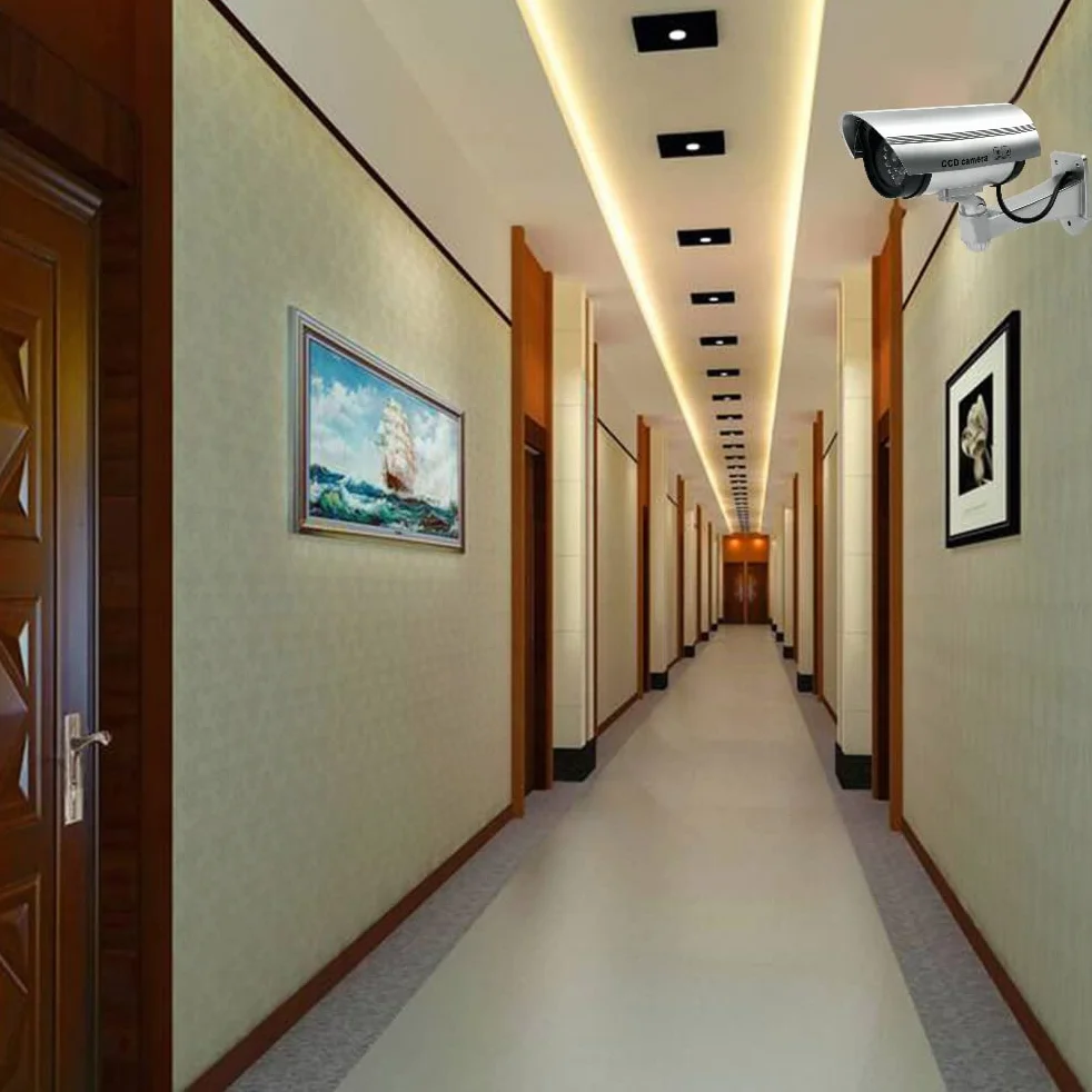 TIMESETL Camera Factice pour Exterieur et Intérieure 2Pcs Caméra Fausse Caméra de Surveillance Caméra Factice avec LED Infrarouge Clignotante Rouge d'avertissement, Caméra Fausse de Sécurit, Argent