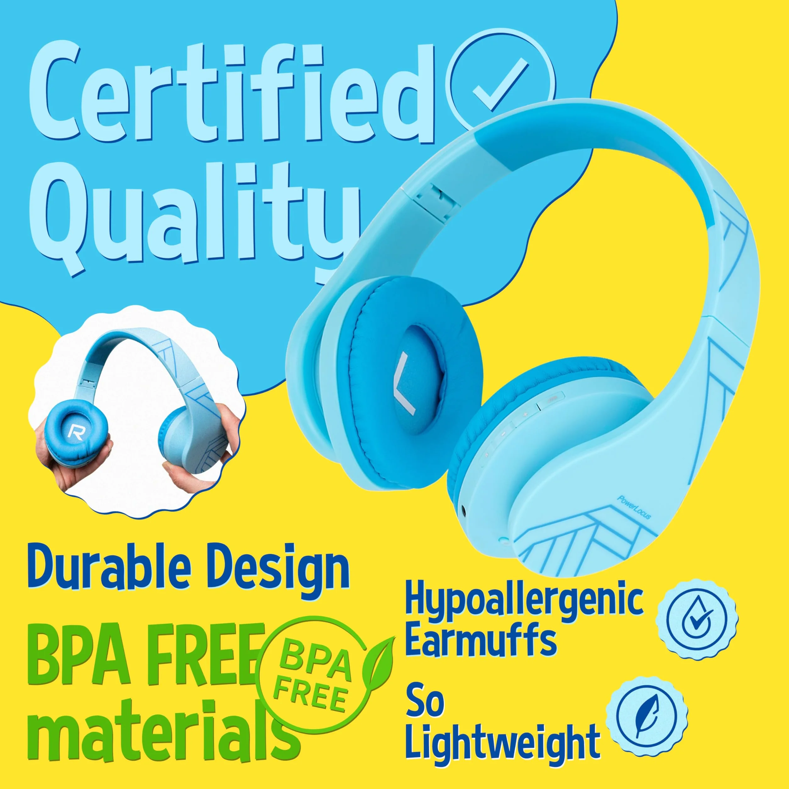 PowerLocus Casque Bluetooth Enfant P2 - Audio avec Volume Limité à 85db, Écouteurs Sans Fil et Filaires, Pliable et Réglable, Confortable, avec Micro Intégré et Slot Micro SD