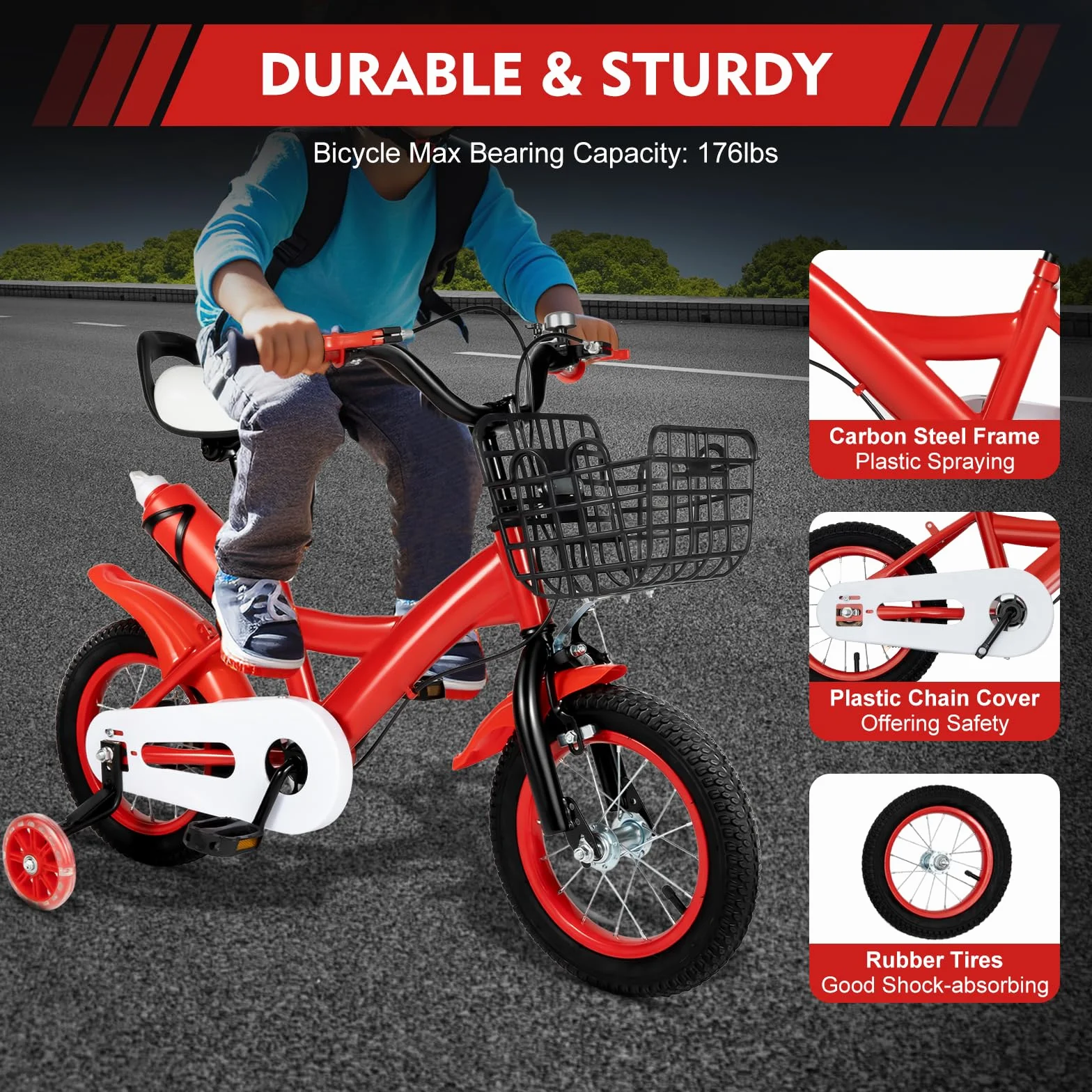 Vélo Enfant 12 Pouces Cadre Acier Carbone Double Frein Roues Stabilisatrices Panier Draisienne 3-9 Ans