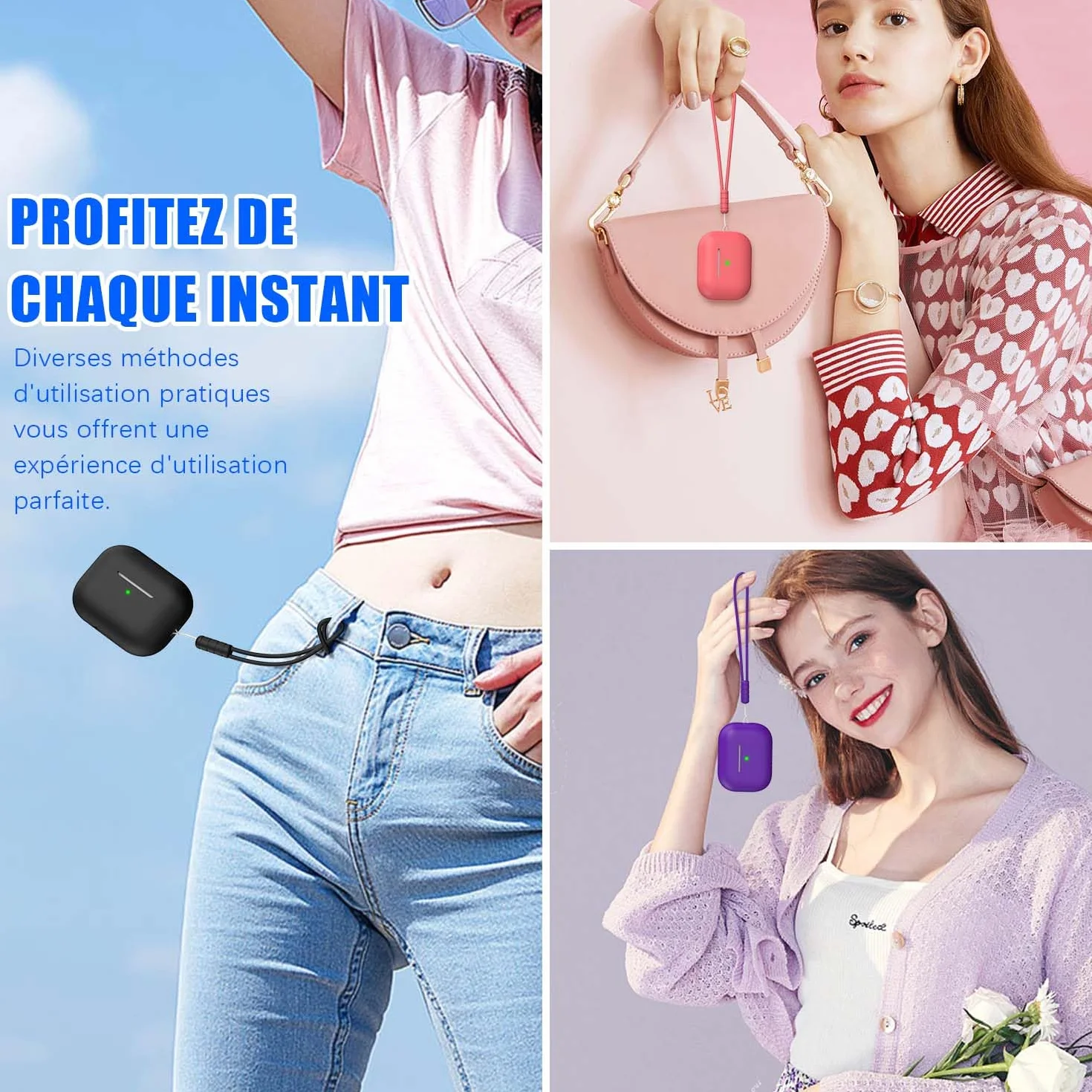 Coque pour AirPods Pro 2e génération Silicone Anti-Chute Noir avec Porte-clés