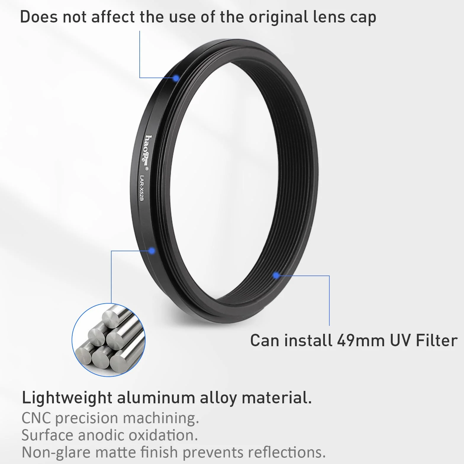 Haoge LAR-X52B Bague d'adaptation pour filtre d'objectif Fujifilm X100VI X100V 49 mm Noir