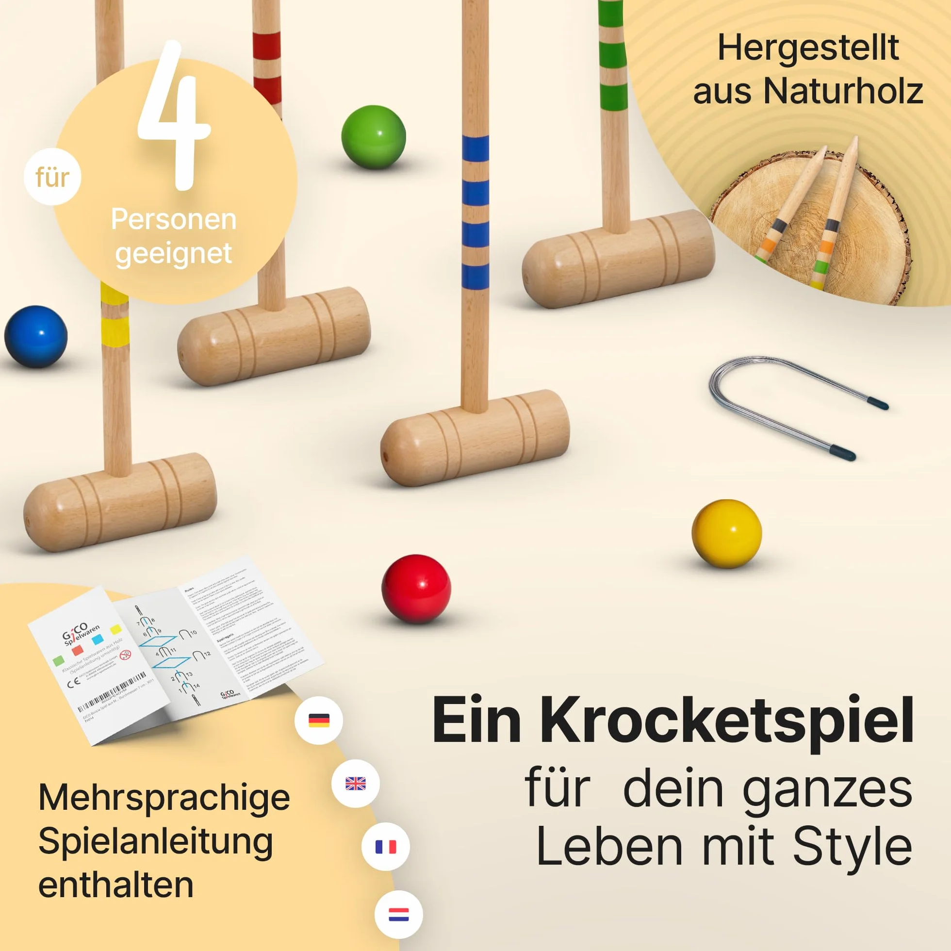 GICO Jeu de Croquet 4 Joueurs Maillets Taille Adulte 100 cm Sac de Transport