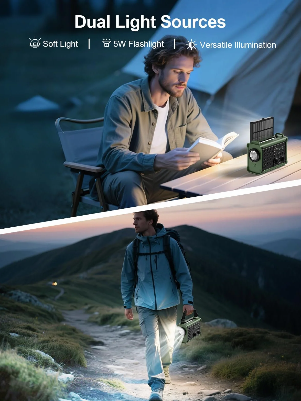 ROCAM Radio d’Urgence à Manivelle 12000mAh avec Panneau Solaire 8500mm² & Dynamo 650mA, Radio AM/FM Portable avec Torche LED, Lampe de Lecture, USB, Alarme SOS – Camping, Coupure de Courant, Survie