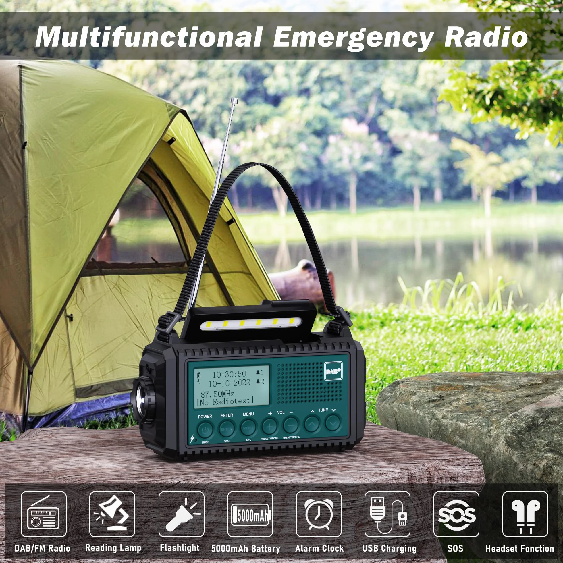 Radio à Manivelle Dab+/Dab/FM avec Batterie Rechargeable 5000mAh, Lampe de Poche, Camping Portable, Charge USB, Dynamo SOS