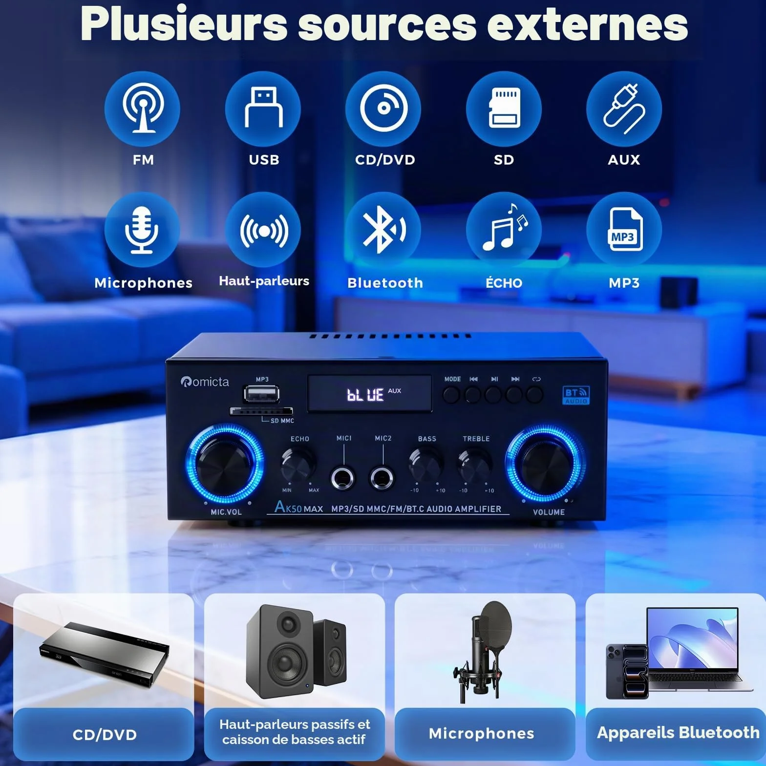 Romicta Amplificateur Audio Stéréo 800W, Bluetooth 5.0 | Radio FM, Lecteur USB/SD, Entrée AUX, 2 Micros avec Echo | Télécommande pour Home Cinéma et Maison