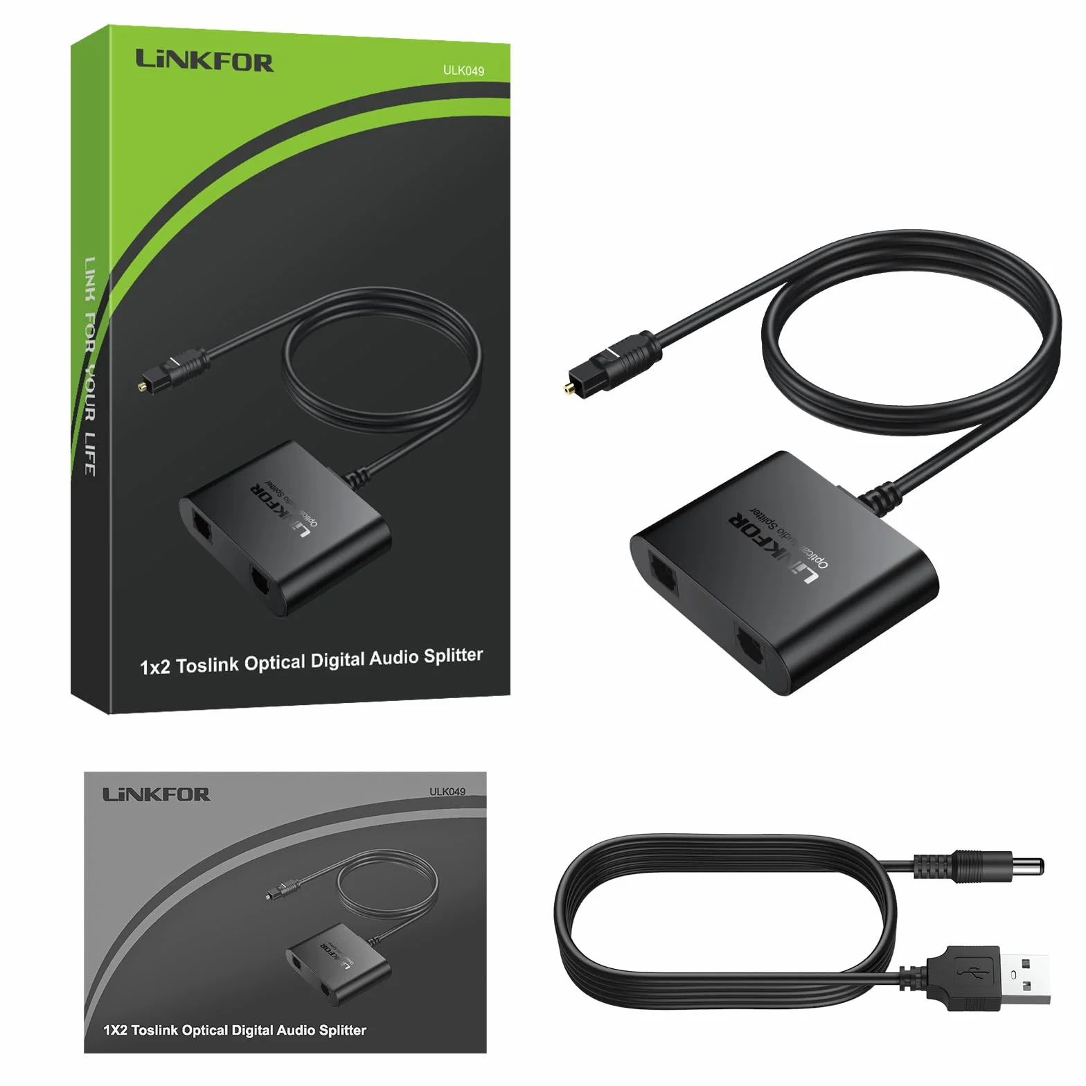 LiNKFOR Répartiteur Optique Toslink 1 Entrée 2 Sorties Câble Intégré 1m Actif avec Alimentation USB Chipset Stable Support LPCM/DTS/Dolby Digital Transmission 40m Pour Barre de Son et Casque Sans Fil