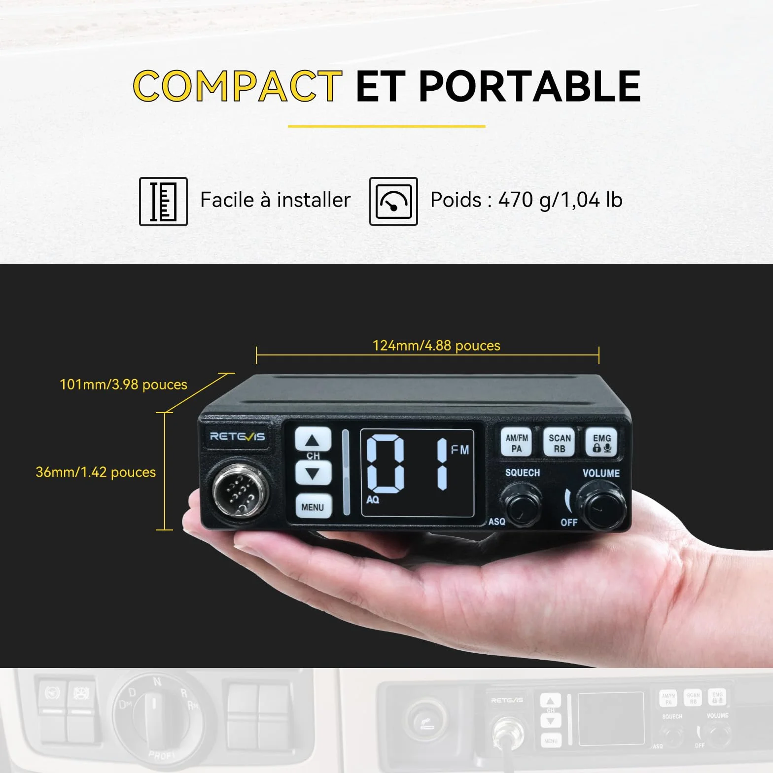 Retevis MB63 Radio CB Mobile Kit Complet avec Antenne AM/FM/PA Écran LCD VOX SQ/ASQ EMG CH9/19 Noir