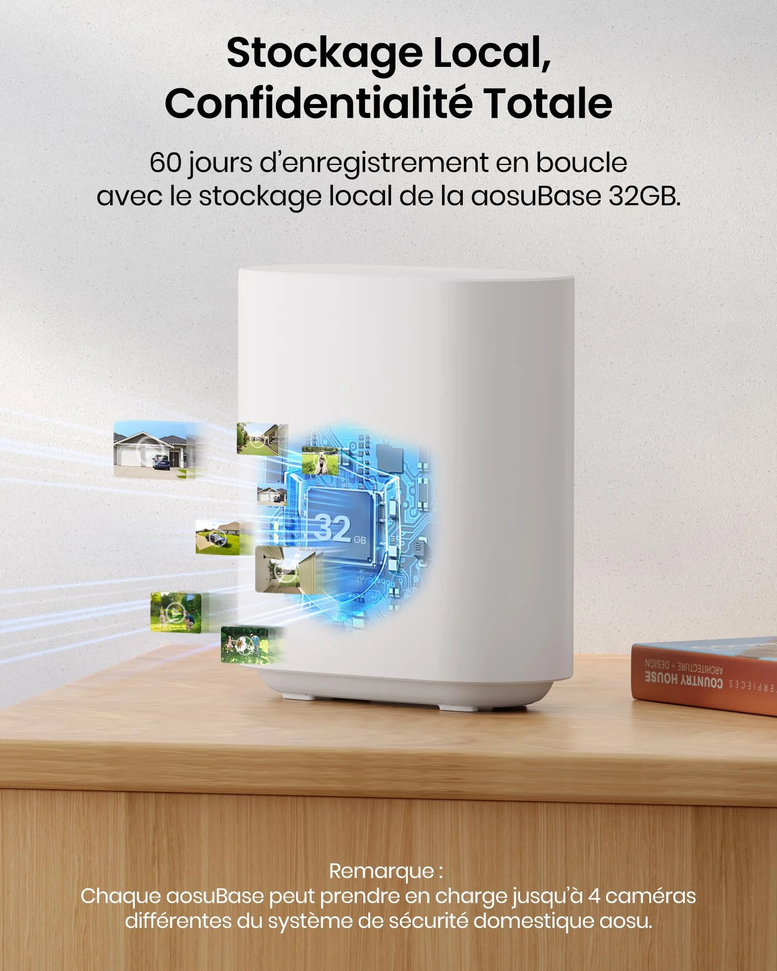 aosu 2K Caméra Surveillance WiFi Extérieure Intérieur sans Fil, 4 Cameras Kit avec aosuBase, sans Abonnement, Ultra Grand Angle, Autonomie Jusqu’à 240 Jours, Alerte Al Détection, Suivi Inter-Caméras