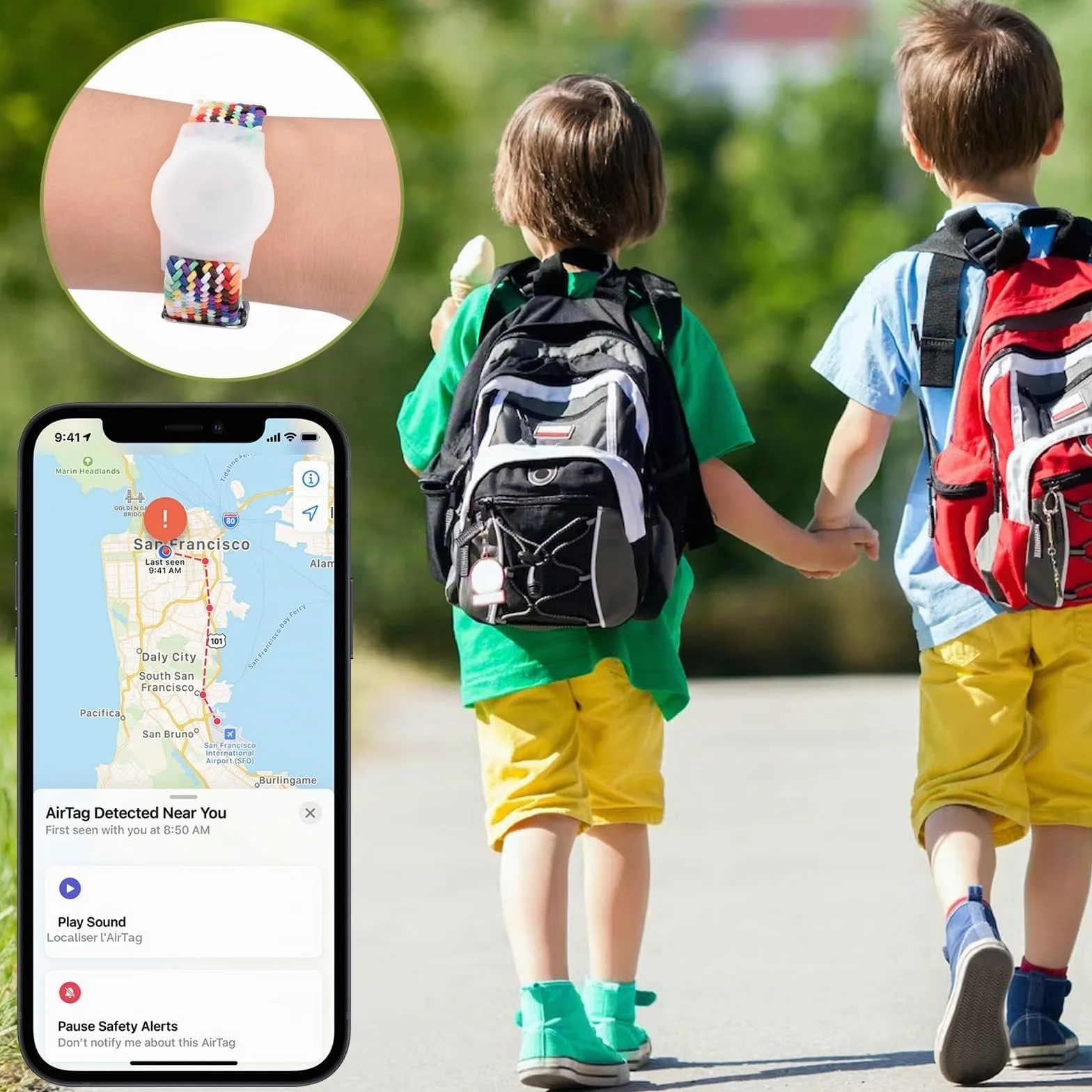 Vancle Bracelet Airtag Enfants, élastique Bracelet de Rechange, Coque Résistant aux Rayures, Facile à Porter, Couverture de Protection en Nylon Tressée pour Enfants et âgés, Arc Ciel