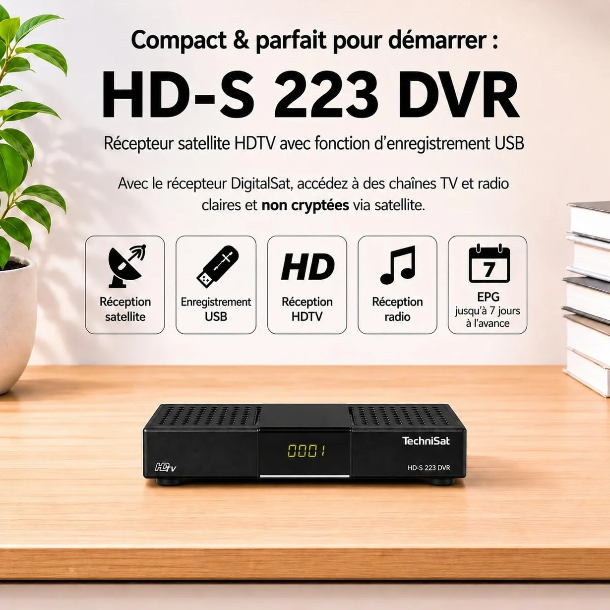TechniSat HD-S 223 DVR - Récepteur Satellite HD Compact avec Fonction d'enregistrement USB (Sat DVB-S2, HDTV, HDMI, Lecteur multimédia USB, liste de programmes, Mise en Veille, Prise en Charge EPG de