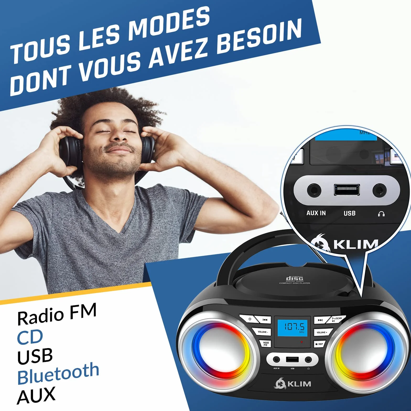 KLIM Boombox B3 - Poste Radio CD Portable - Nouveauté - Radio FM, CD, Bluetooth, USB, MP3 - CD Boombox - Mode Filaire et sans Fil avec Piles Rechargeables - Lentille Laser - Lecteur CD Portable