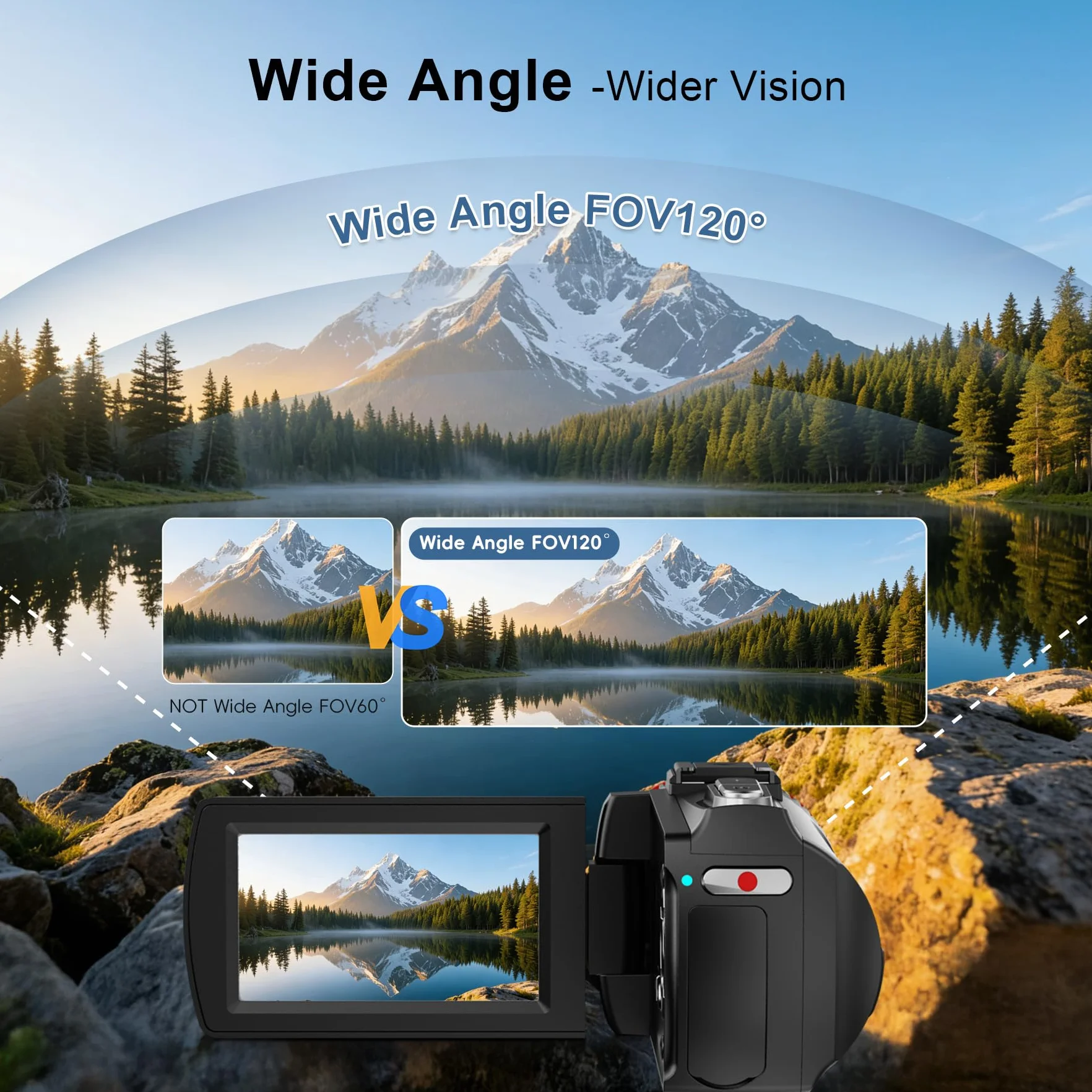 Caméra vidéo 4K 64MP 60FPS Caméscope numérique Vlogging avec stabilisateur, Microphone, Carte SD, 2 Piles, Télécommande