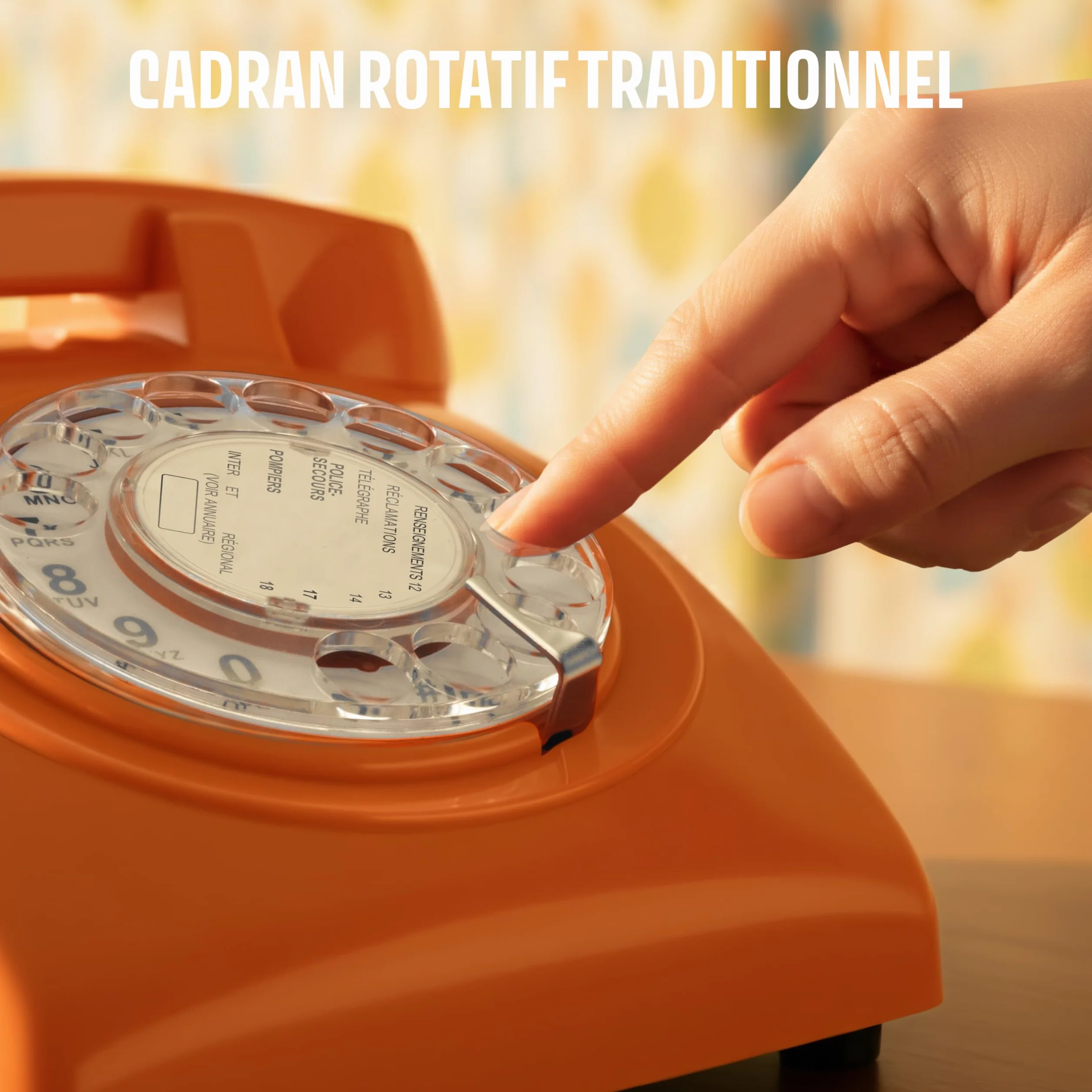 Opis Technology 60s Cable – Téléphone Fixe Vintage à Cadran Rotatif & Cloche Mécanique – Compatible Plupart des Box & Fibre – Design Rétro Années 60 – Orange
