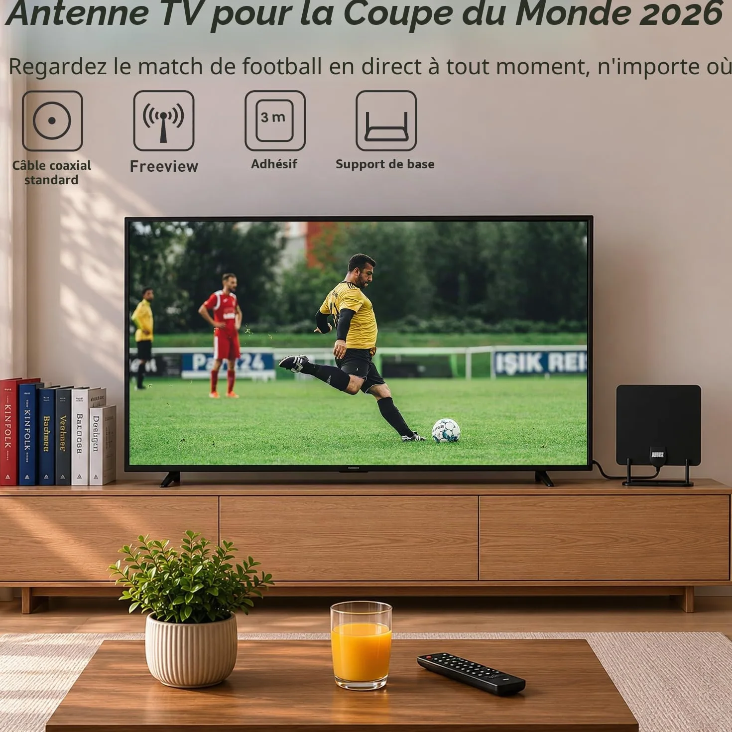August DTA450 Antenne TV d’Intérieur TNT HD Puissante Numérique avec Câble 3m UHV VHF Noir