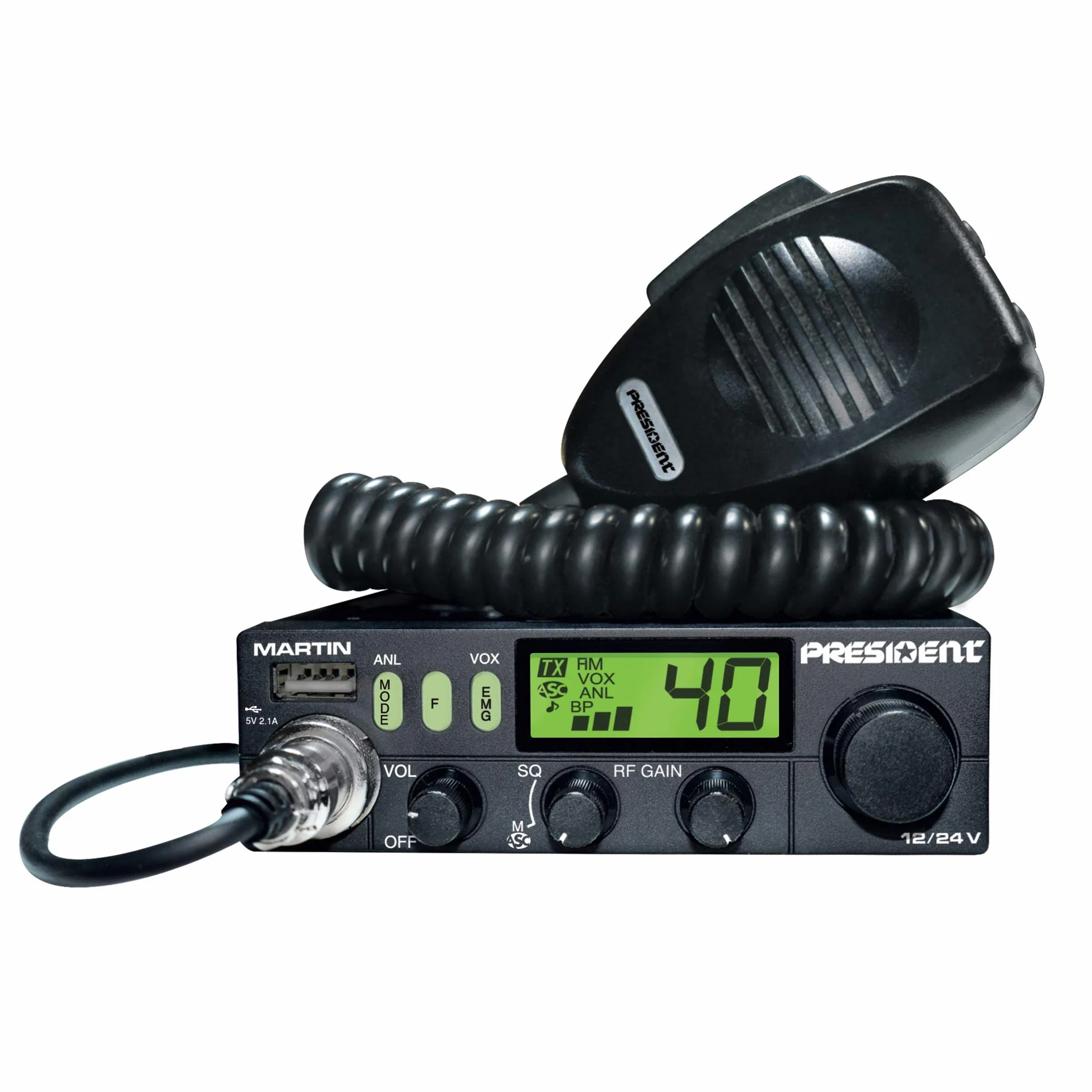 PRESIDENT Martin Multistandard 40CH AM/FM Roger Beep Scan ANL Filtre 4 W 12/24 V avec écran Multicolore
