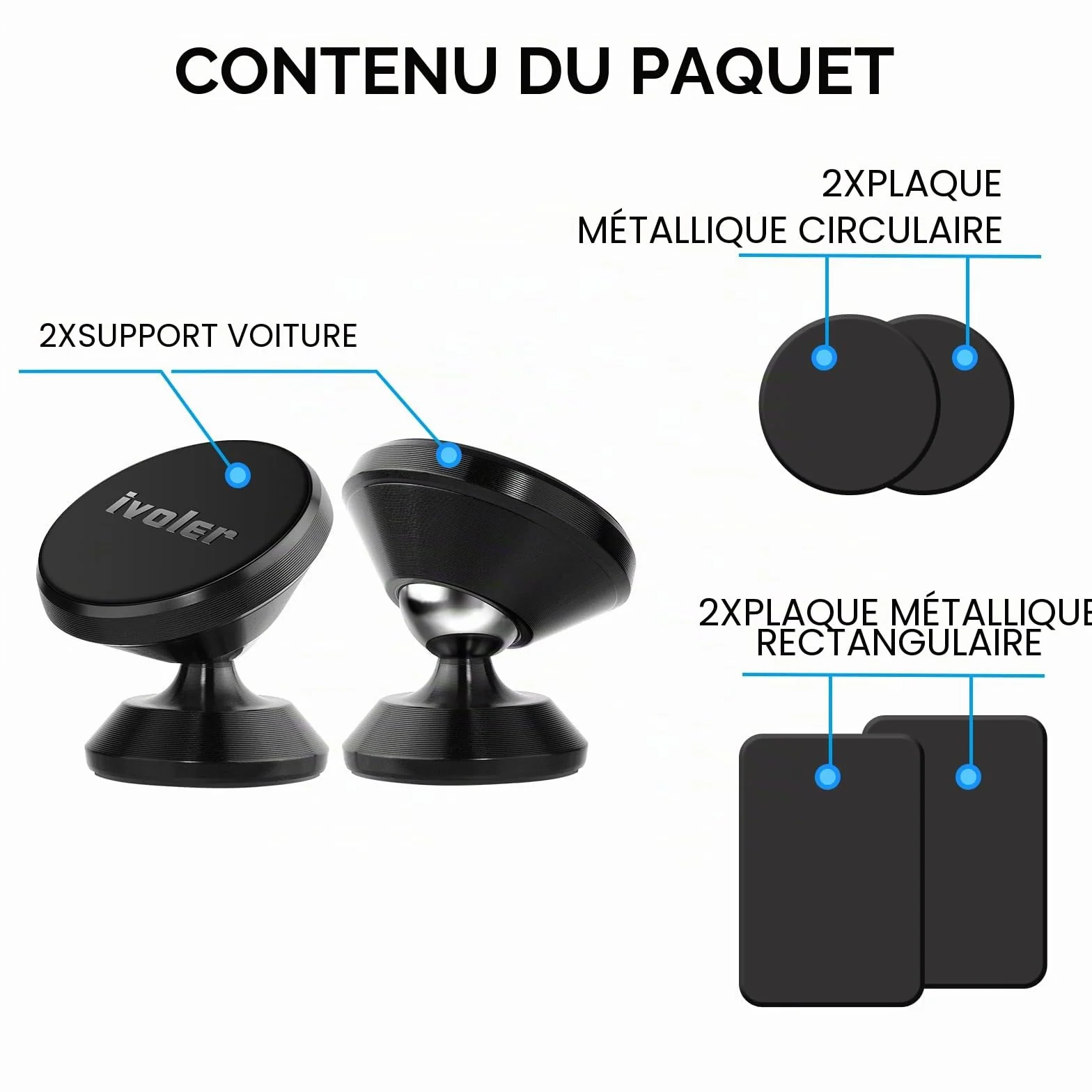 ivoler Support Telephone Voiture, [Lot de 2] Porte Téléphone Voiture Universel 360° Rotation, Magnetique Portable Aimant Adhésif pour Smartphone, Compatible pour Phones ou appareils GPS-Noir
