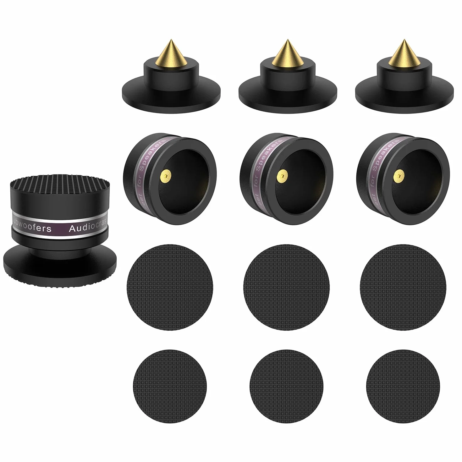 Lot de 4 haut-parleurs en aluminium - Pieds - Réglable en hauteur avec rondelle - Absorbeur de chocs - Pour haut-parleurs, appareils Hi-Fi, caisson de basses et CD DAC - Noir