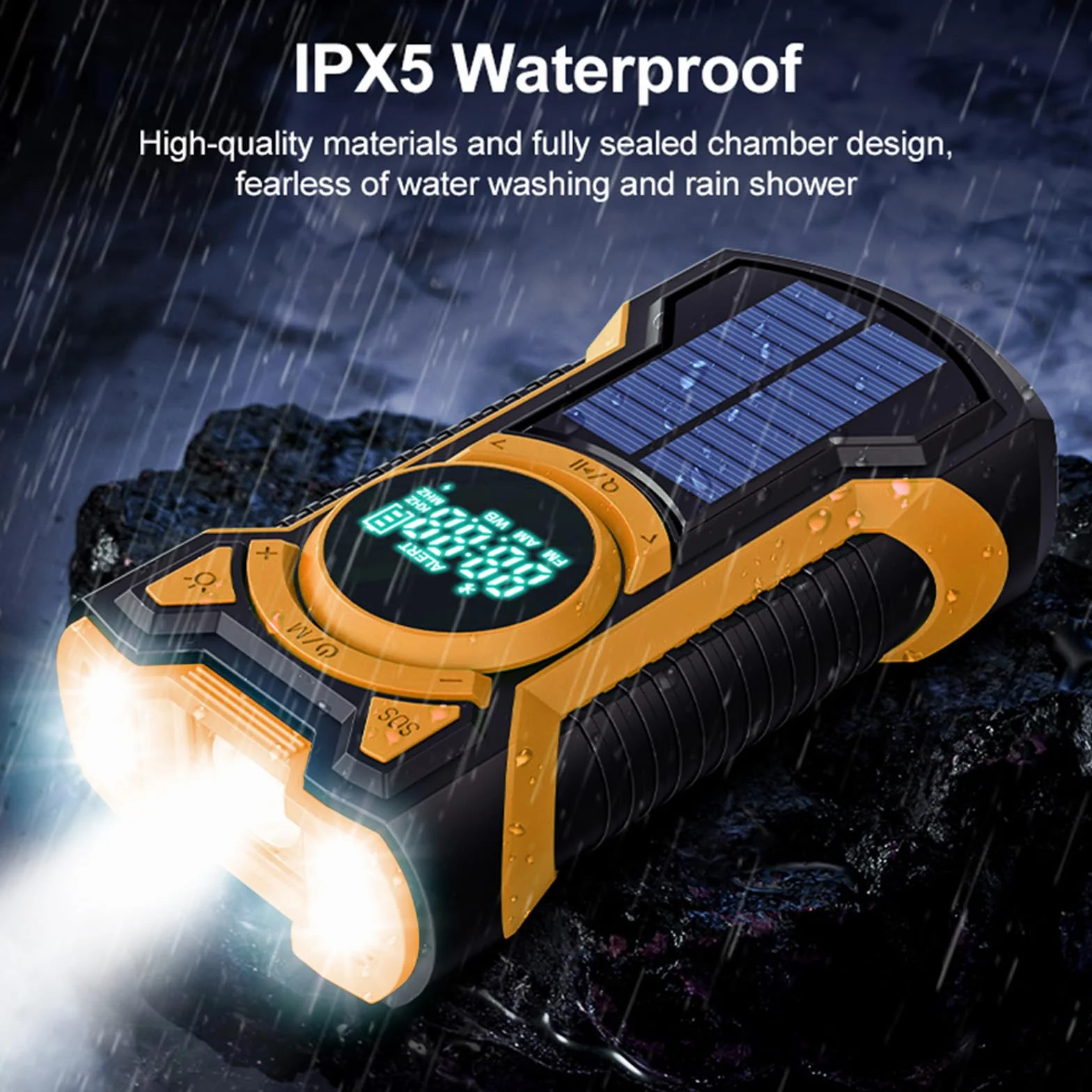 Rechargeable Portable Radio Dynamo avec Lampe de Poche LED, Power Bank 5000mAh AM/FM Radio Manivelle Solaire, SOS Alarm/Lampe Poch/3W Haut-parleurs, Outdoor, Emergency