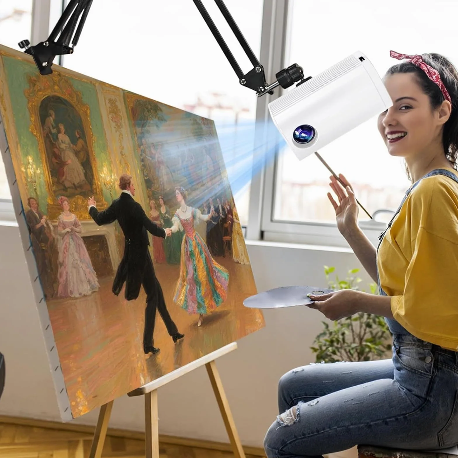 Projecteur de Dessin Intelligent Portable avec Support, pour Bureau/Toile/Mur, USB/Smartphone, Télécommande, Blanc 1.95m