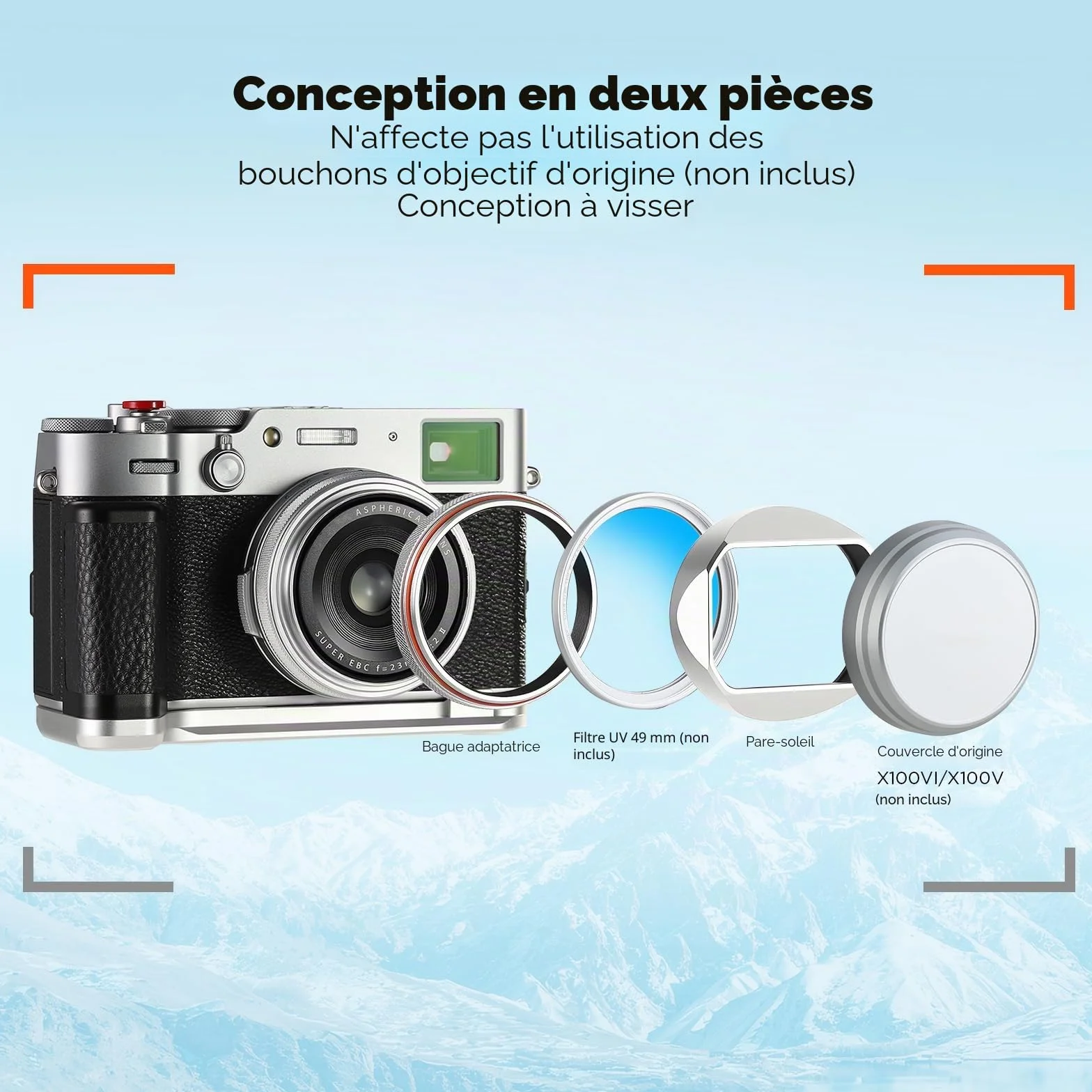 Haoge LH-X54W Pare-Soleil carré en métal avec Anneau Adaptateur 49 mm pour Appareil Photo Fujifilm x100vi Fuji X100V Argenté