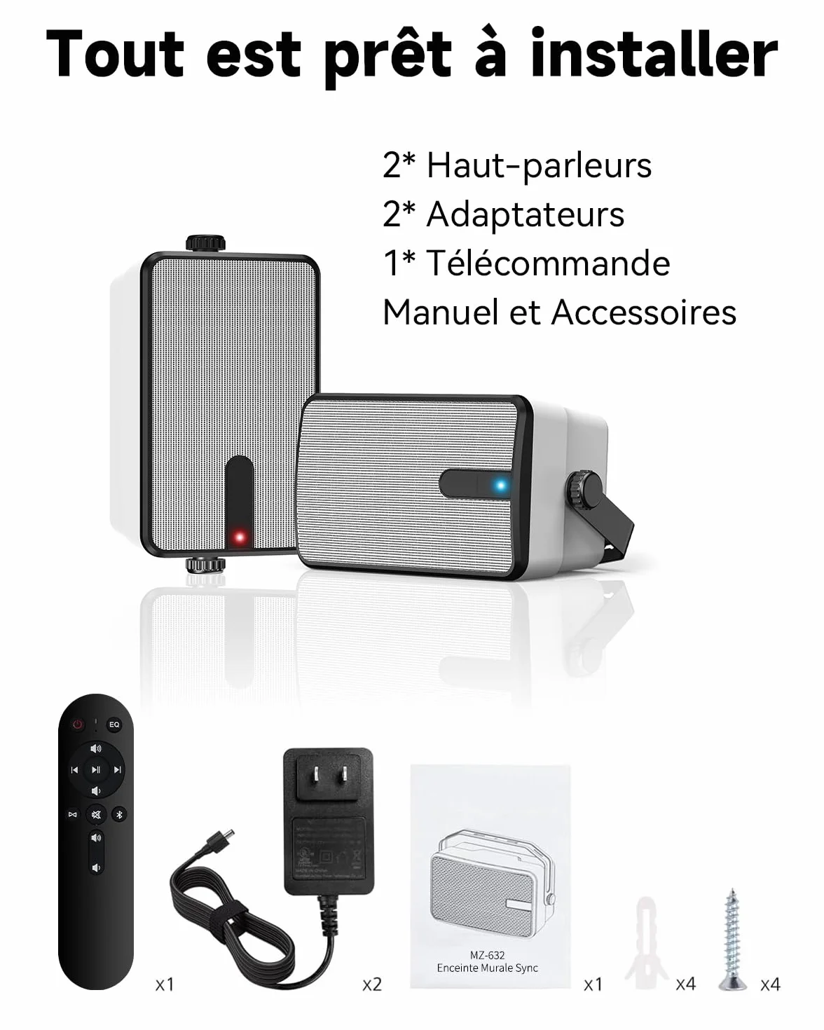 250W Haut-parleurs Bluetooth Extérieurs, Synchronisation sans Fil Entre Haut-parleurs, Montage Murale pour Terrasse, Véranda, Gazebo, Garage, Pack de 2 (MZ-632)