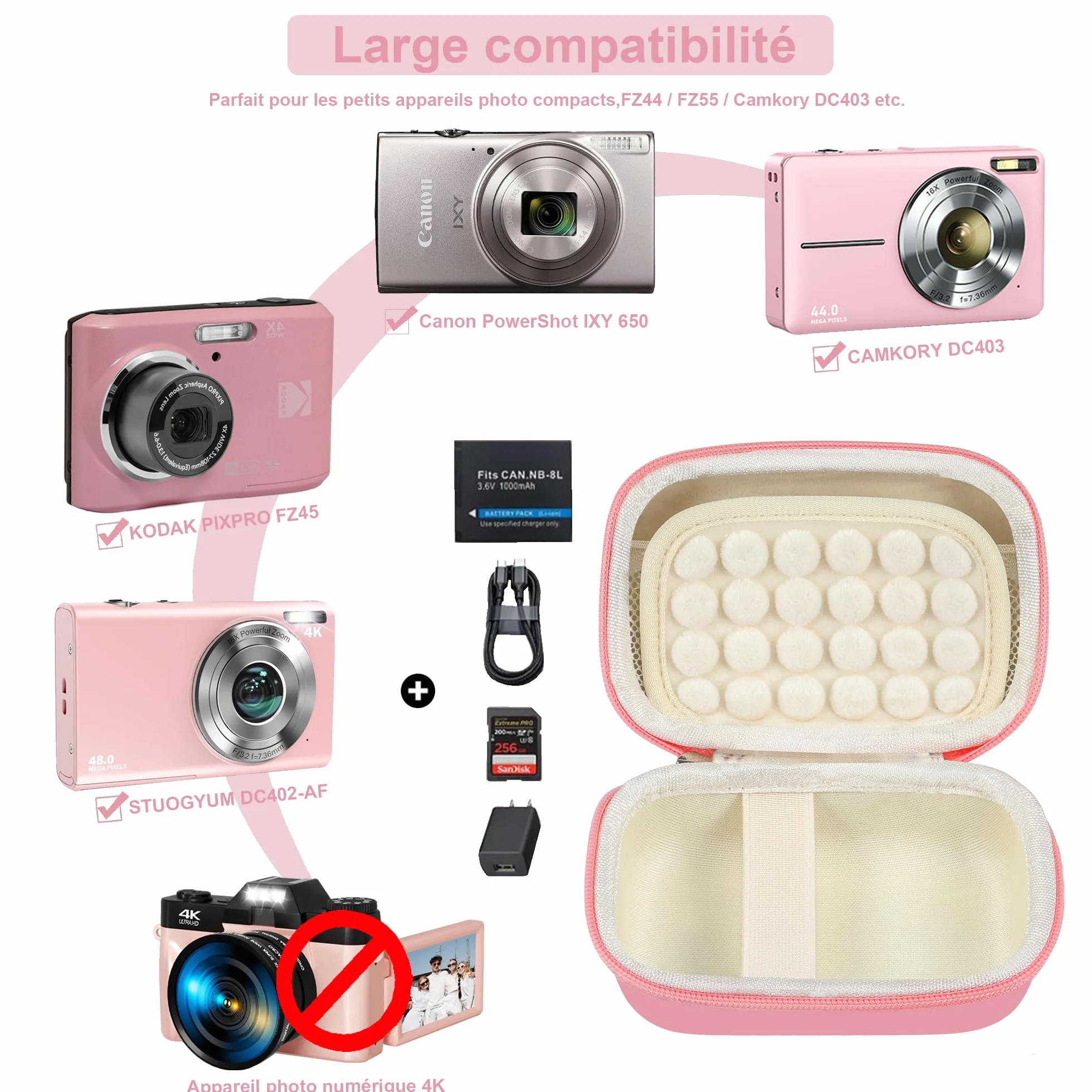 Étui pour Appareil Photo Numérique Leayjeen, Compatible Kodak Pixpro C1 Canon IXUS 285 HS, Coussin Amortisseur Rose