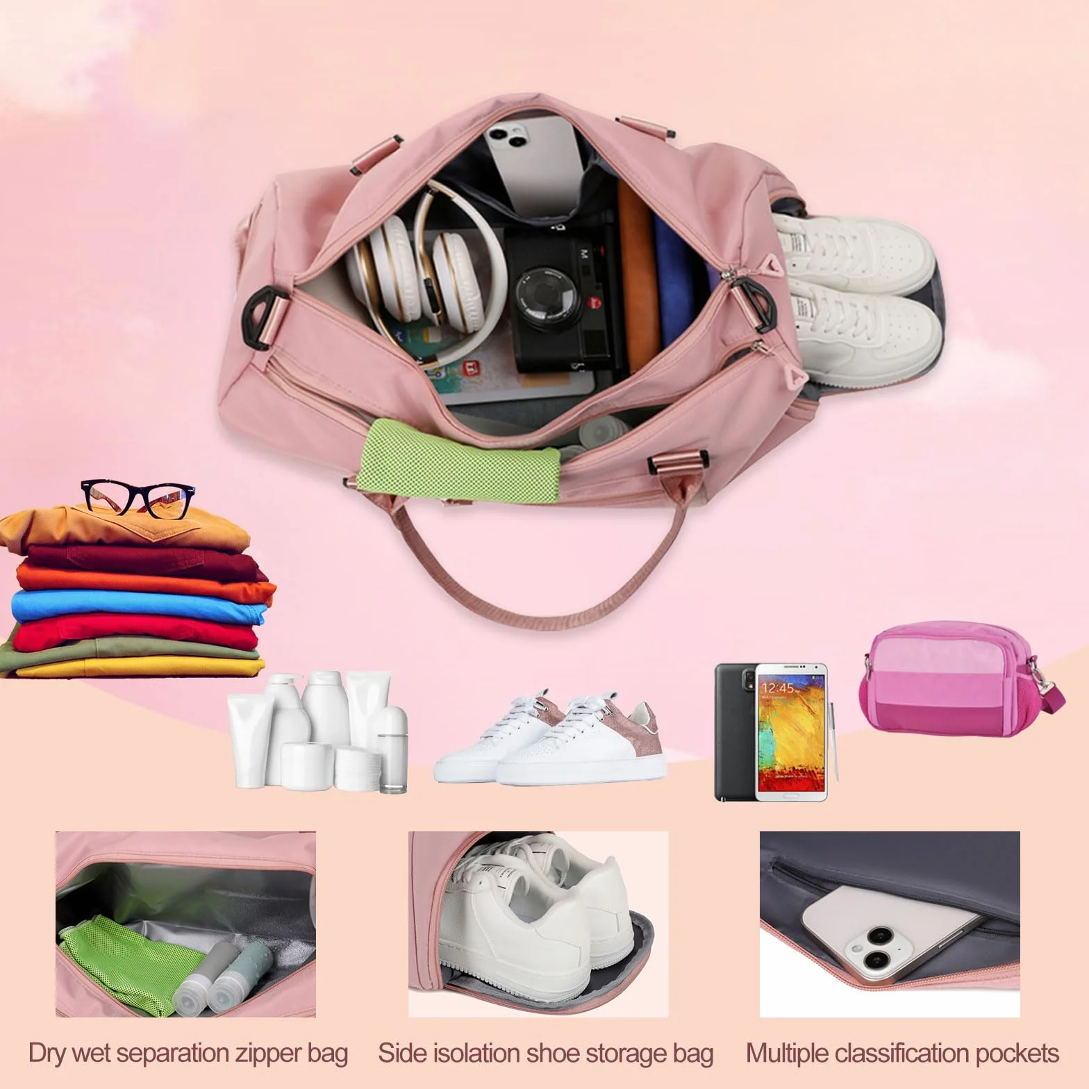 Sac de Sport Brodé Personnalisé avec Bretelles, Poches Humides et Sèches et Compartiment à Chaussures - Rose