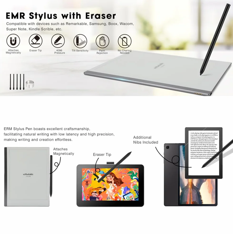 VOVIPO EMR Stylet pour Remarkable 2 avec Gomme, Stylo de Rechange pour Papier numérique Remarkable 2/Scribe/Boox Tablet, Alternative au marqueur Plus, sensibilité à la Pression 4096