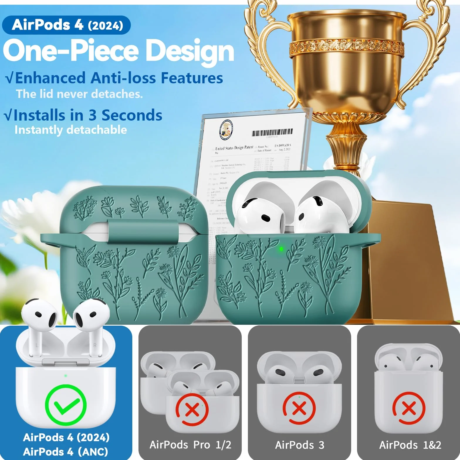 Coque pour AirPods 4 Vert Sapin Gravure au laser Étui de Protection AirPods 4 & ANC