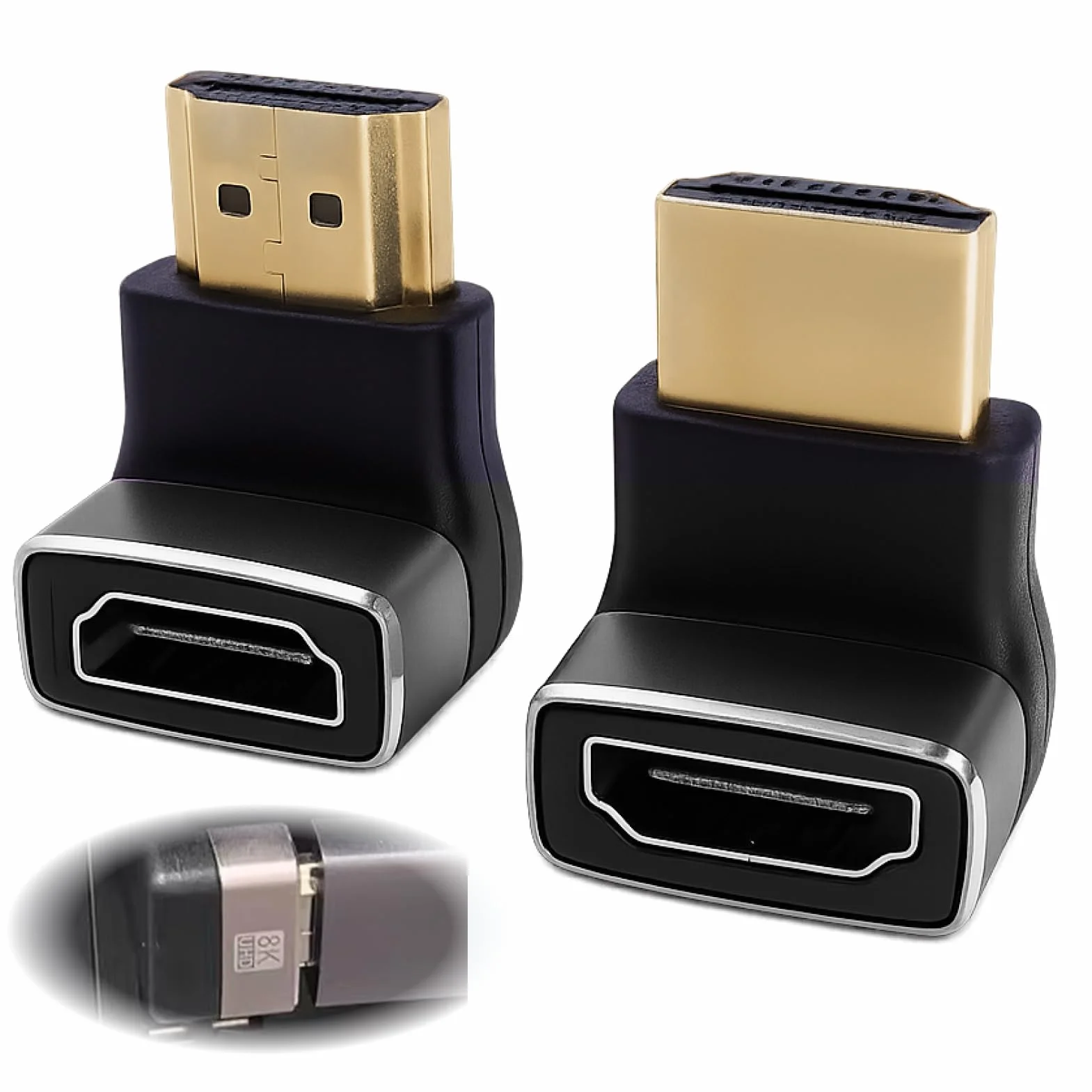 2 Pièces Adaptateur HDMI Coudé 8K, câble HDMI 2.1 et Rallonge HDMI Male Femelle, Coudé 90° et 270°, Connecteur Angle Droit Plaqué Or, Compatible TV, Moniteur, Laptop, Console, Prise HD MI Fiable