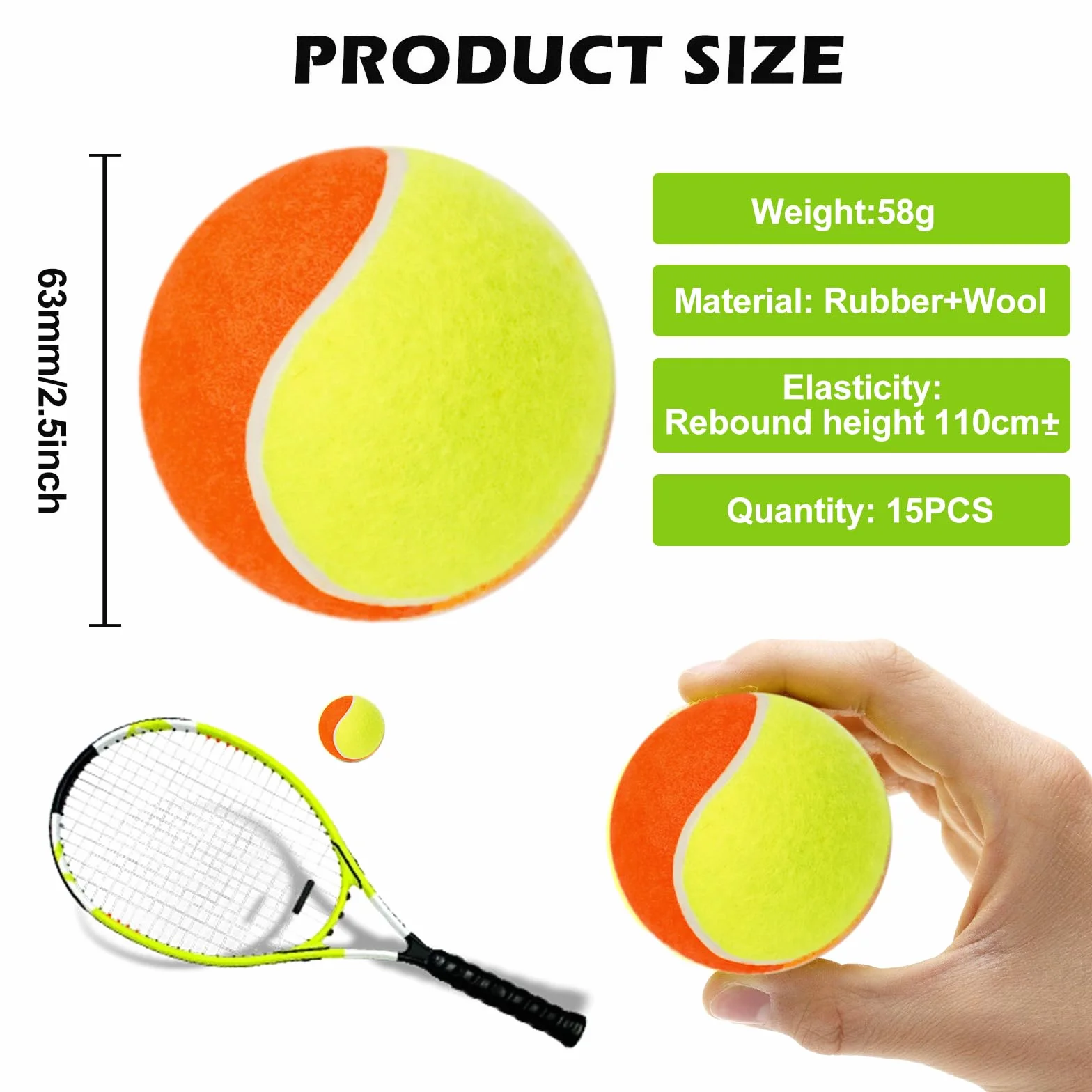 BORDEAG Lot de 15 balles de tennis pour enfants, étape 3 durable, débutants, cours de tennis, machines à balle, petits terrains