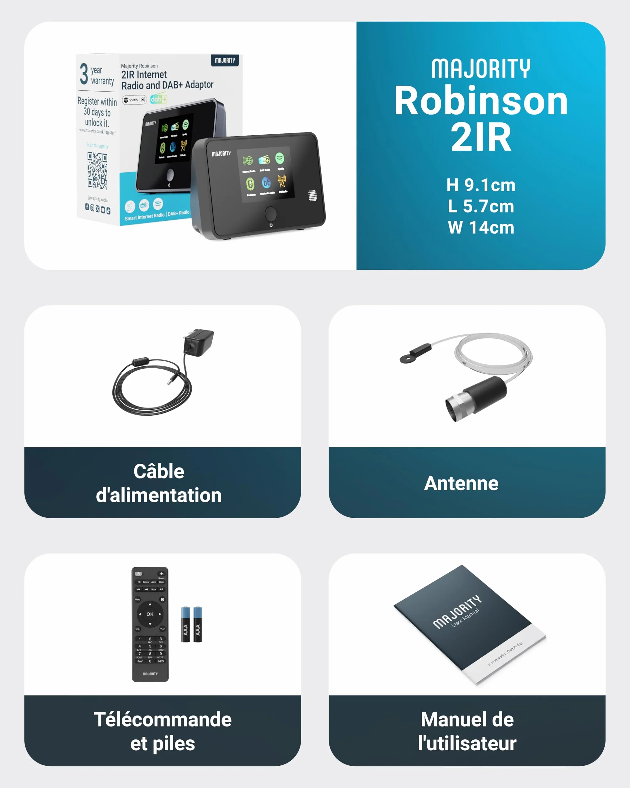 Tuner Radio Internet WiFi | Adaptateur Radio Dab Plus | Spotify Connect et Podcasts | Bluetooth 5.2 Tuner Dab pour Chaine HiFi | Affichage en Couleur, Télécommande Incluse | MAJORITY Robinson