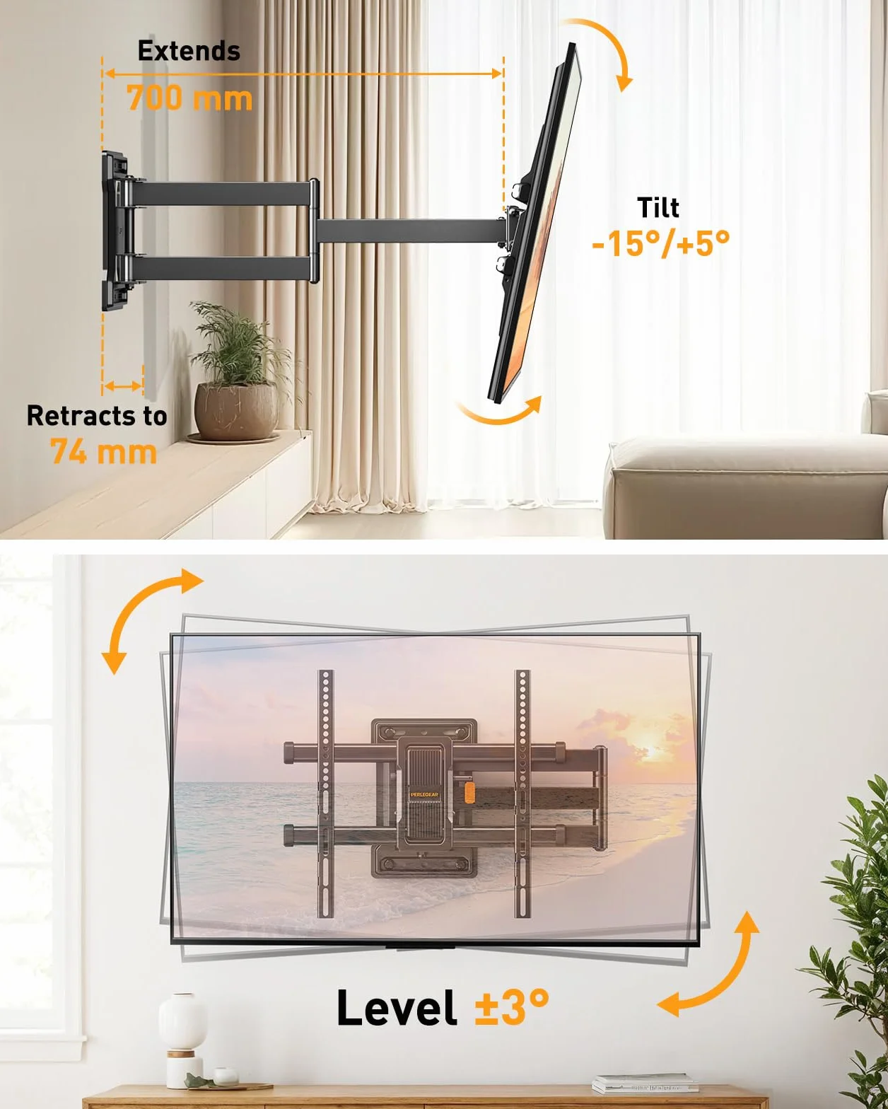 Perlegear Support Mural TV à Bras Long, Support TV à Mouvement Complet pour Téléviseurs de 32-65″, Capacité de Charge de 60 kg, Support TV d'angle avec Pivotement de ±90°, VESA Max 400x400mm, PGMF24B