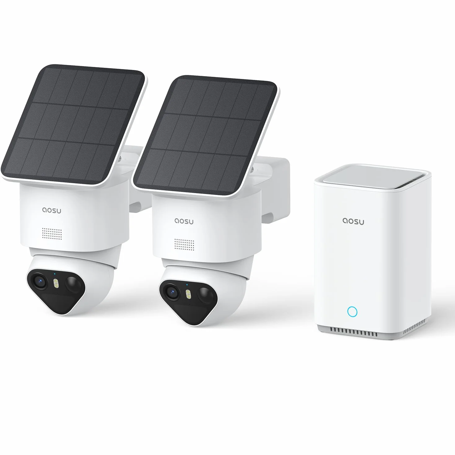 aosu 4K T2 Ultra Camera Surveillance WiFi Exterieure sans Fil Solaire, 2 Cam-Kit & aosuBase 2.0, 8MP Vision Nocturne, sans Abonnement, 32 Go Local & 1 to Extensible, 360° Panorama Suivi IA, 5G/2,4G