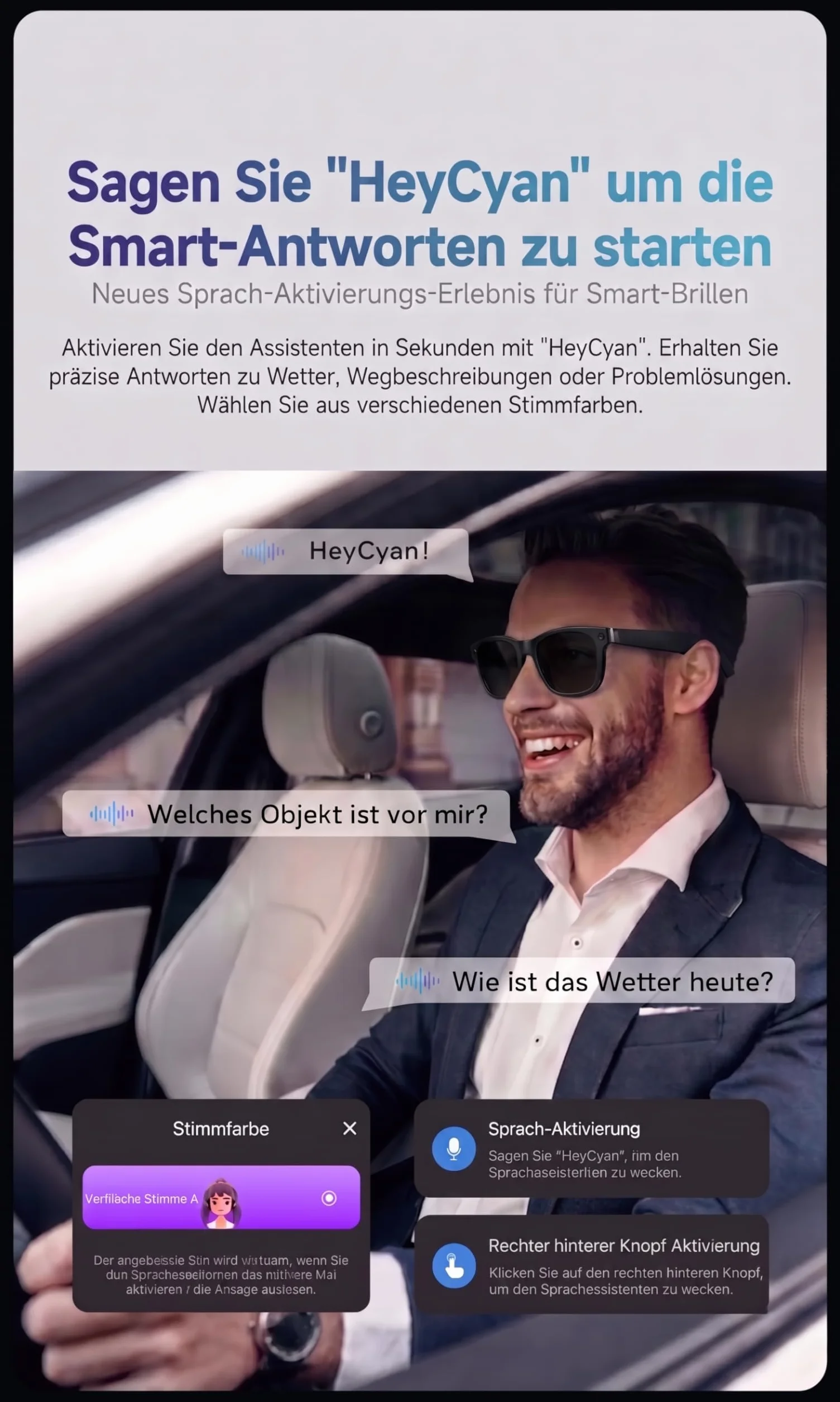 Lunettes intelligentes avec KI & Bluetooth, assistant vocal ChatGPT, protection UV, Wi-Fi, traduction en temps réel en 89 langues, caméra 2K, audio ouvert, étanchéité IP65, identification des objets
