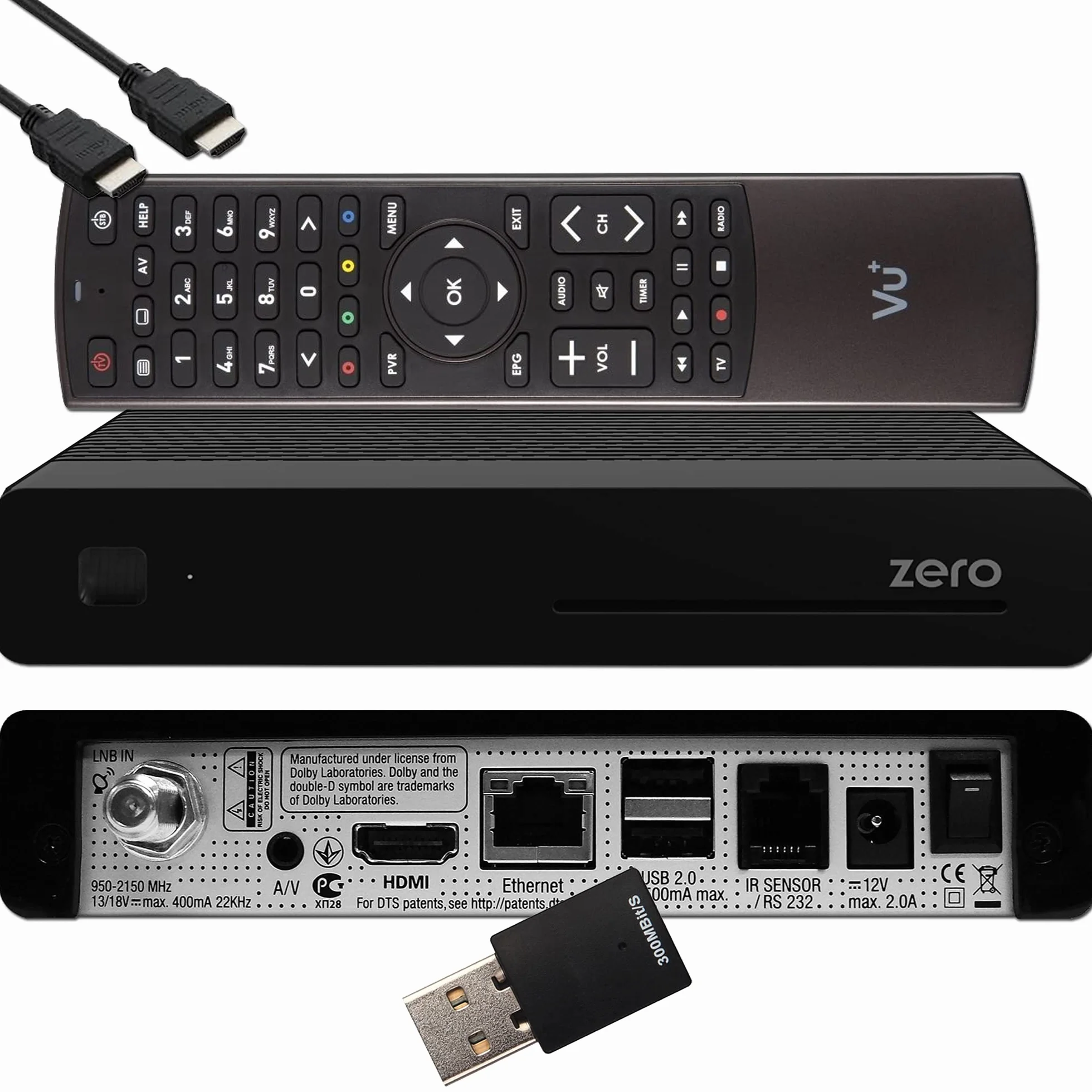 VU+ Zero HW Version 2-1x DVB-S2 Full HD Tuner, E2 Linux, Youtube, récepteur Satellite avec Fonction d'enregistrement, Lecteur de Cartes, multimédia, câble HDMI EasyMouse, clé WiFi 300Mbit, Noir