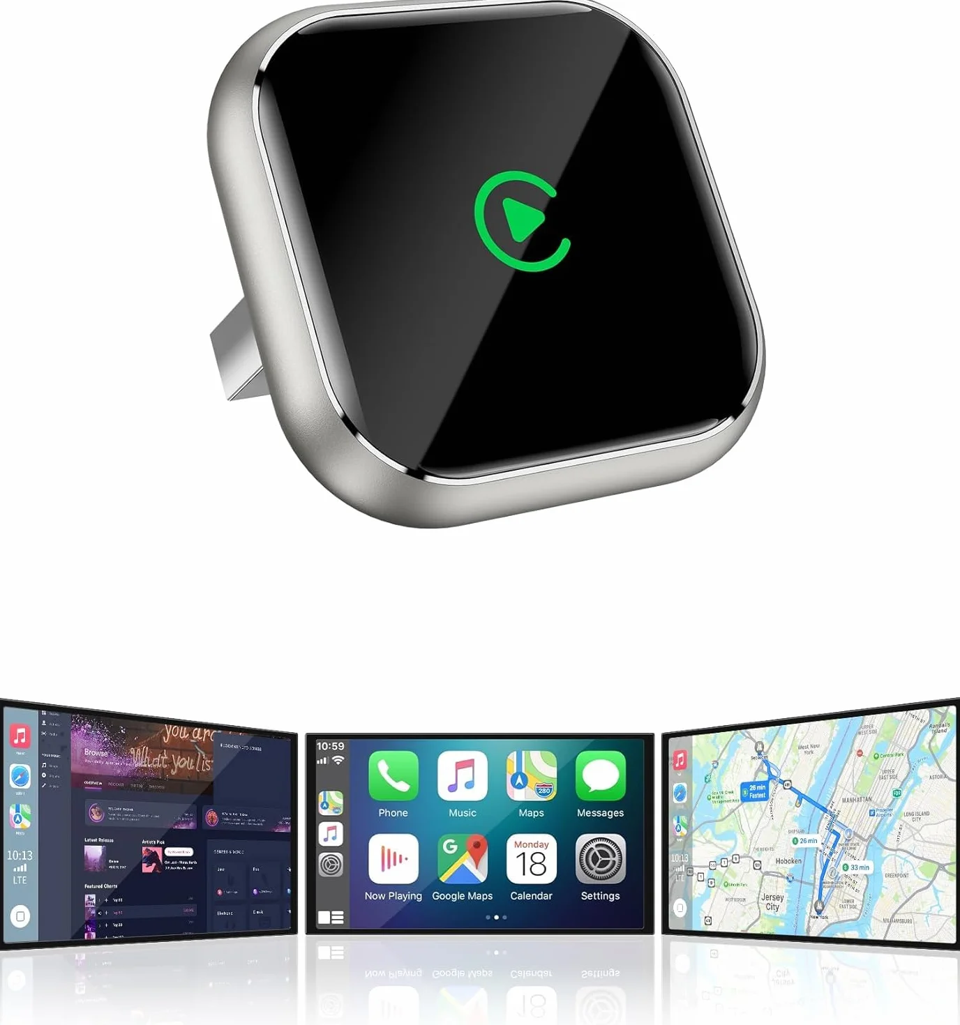 Boîtier CarPlay sans Fil pour GPS Portable pour Voiture – pour écran monté sur Tableau de Bord, convertit CarPlay Filaire en sans Fil, Compatible système d’Origine (2016+) Uniquement pour iPhone