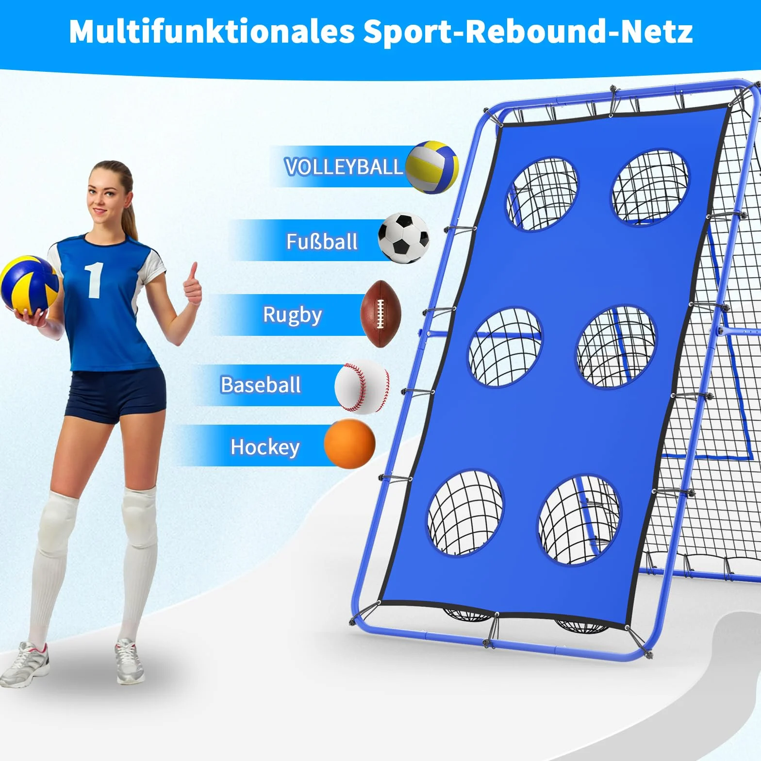 Filet de rebond volleyball 2,1 x 1,2 m réglable multi-angle avec piquets métalliques solides