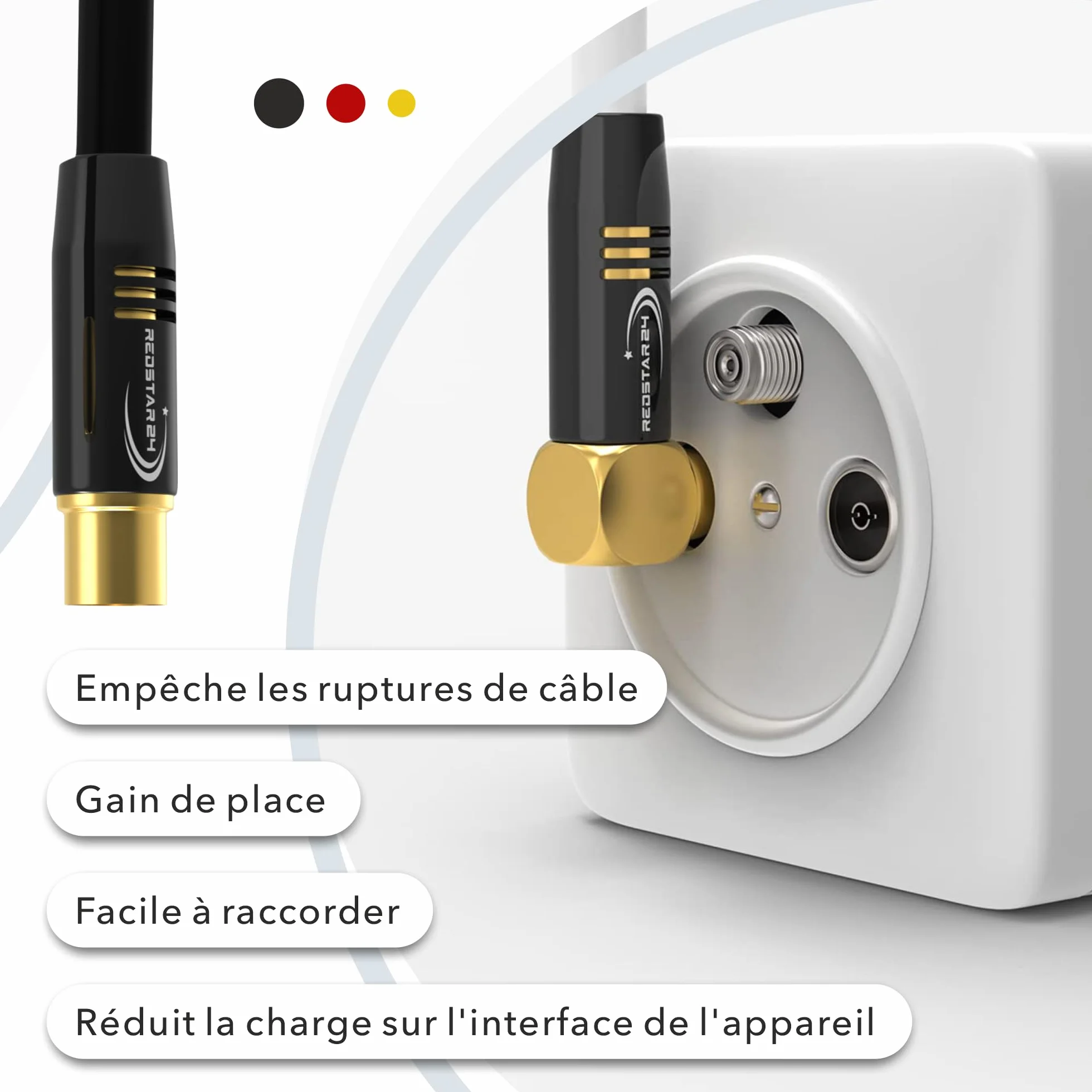 RedStar24 Câble d'Antenne 1,5m Noir - Mâle à Femelle 90° Coudé Coaxial - HDTV Premium pour Télévision par Câble | Compatible avec TV, Radio, DVB-T/T2, DVB-C, DAB
