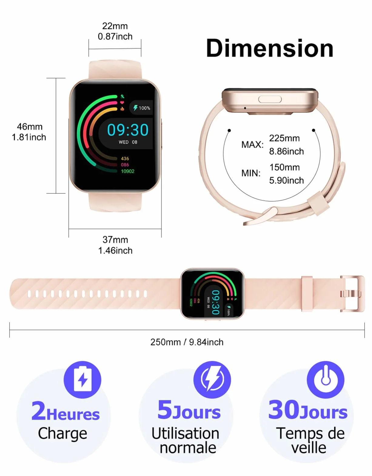 Montre Connectée Femme Appel Bluetooth Podometre Cardiofrequencemetre Oxymetre Montre Sport Etanche IP68 Cycle Menstruel Suivi Sommeil Calories Notification pour Samsung iPhone Xiaomi Android iOS Rose