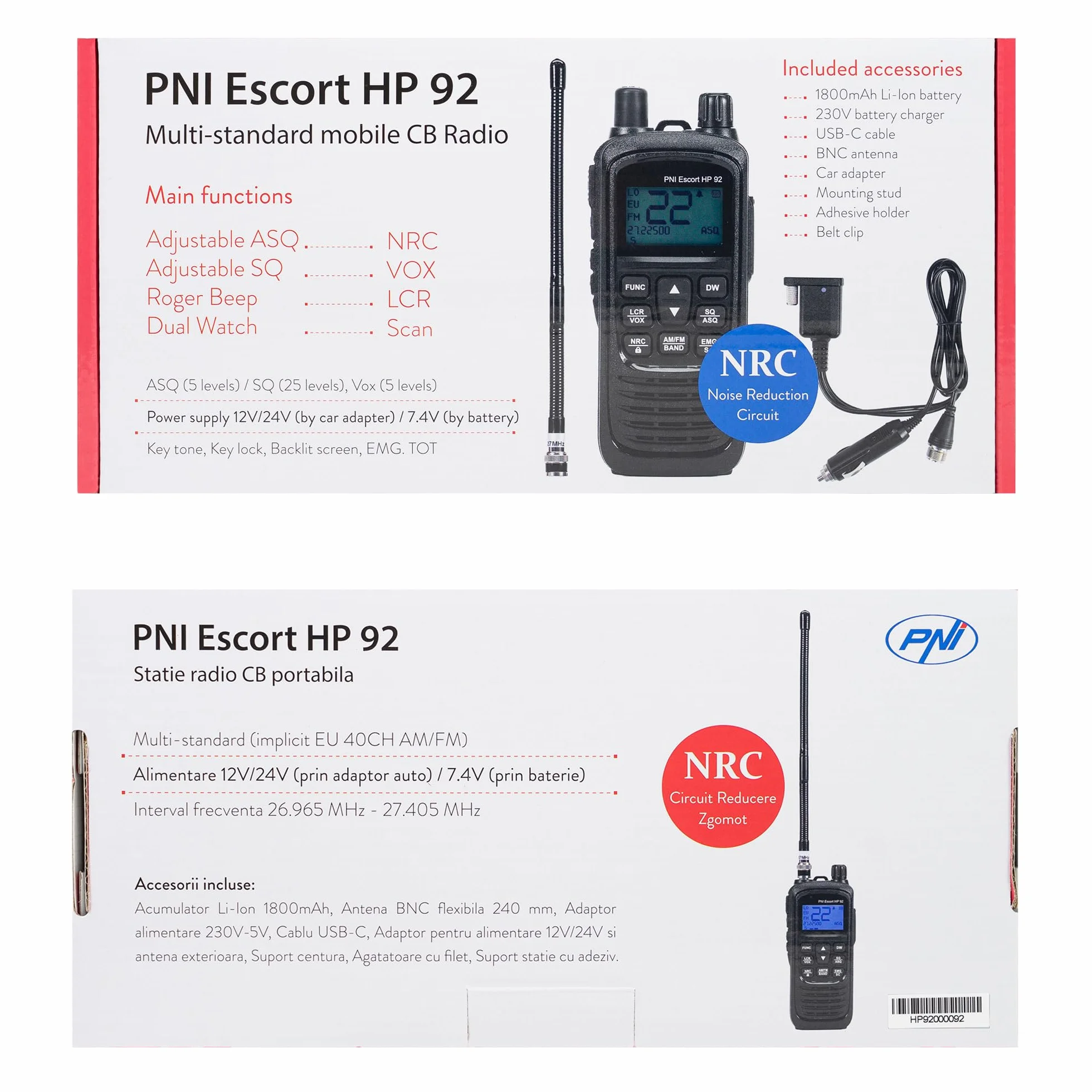 PNI Escort HP 92 CB Radio Portable 4W AM-FM Multistandard 12V-24V