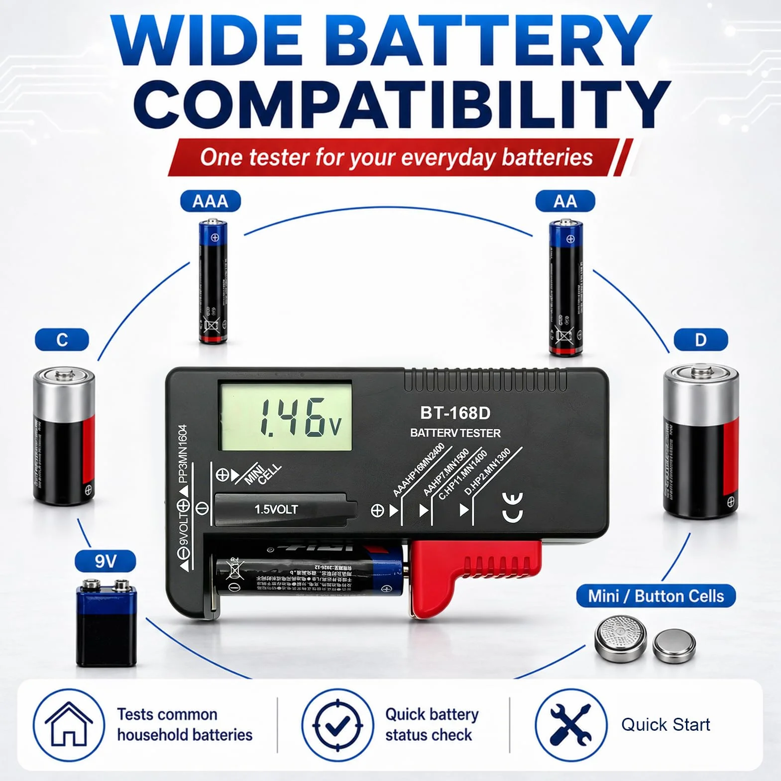 Testeur de batterie numérique,Testeur de Piles Universel,contrôleur de batterie pour AA AAA C D 9V 1.5V Batteries