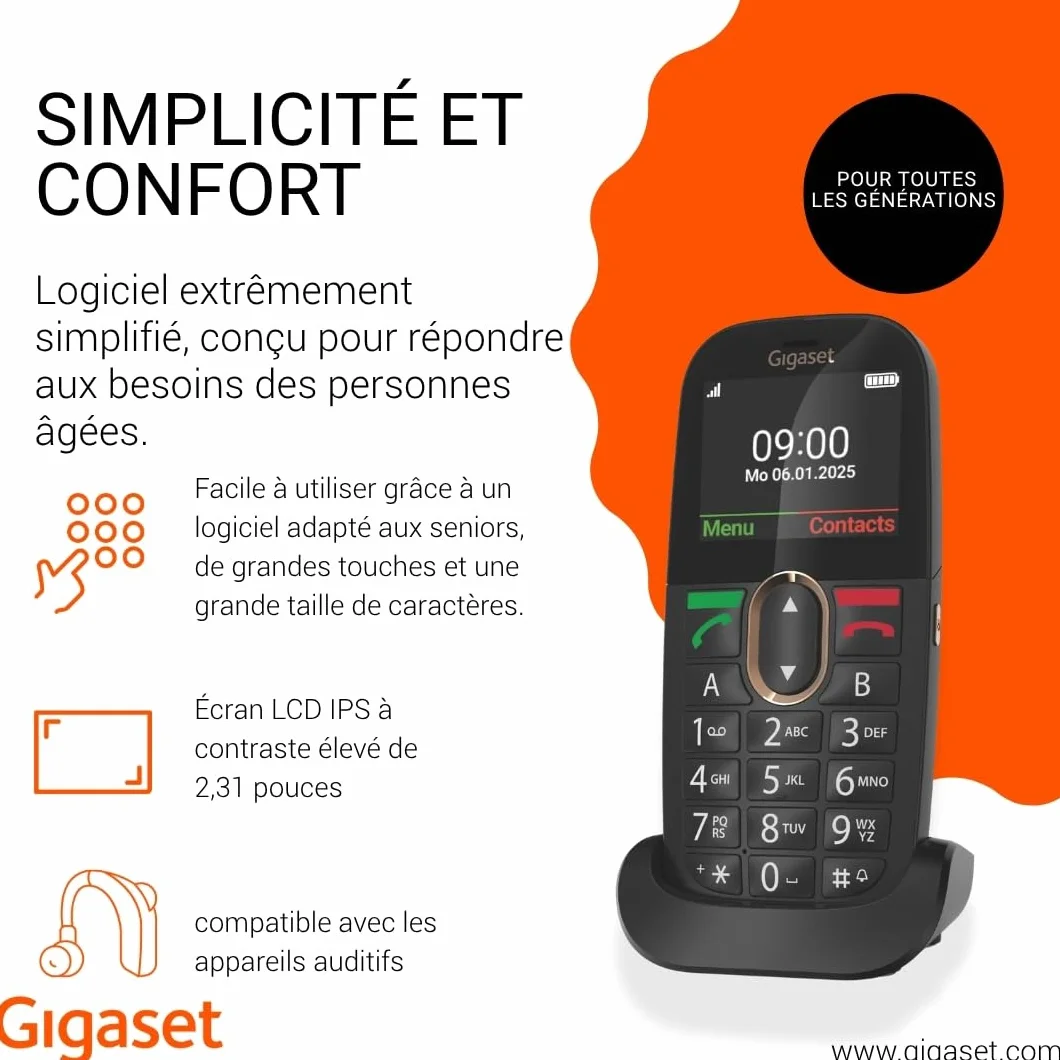 Gigaset GL695 téléphone Senior à Grandes Touches 4G Volte écran IPS 2,31" Batterie 1400 mAh Audio Boost Touche SOS Bluetooth 5.0 Noir