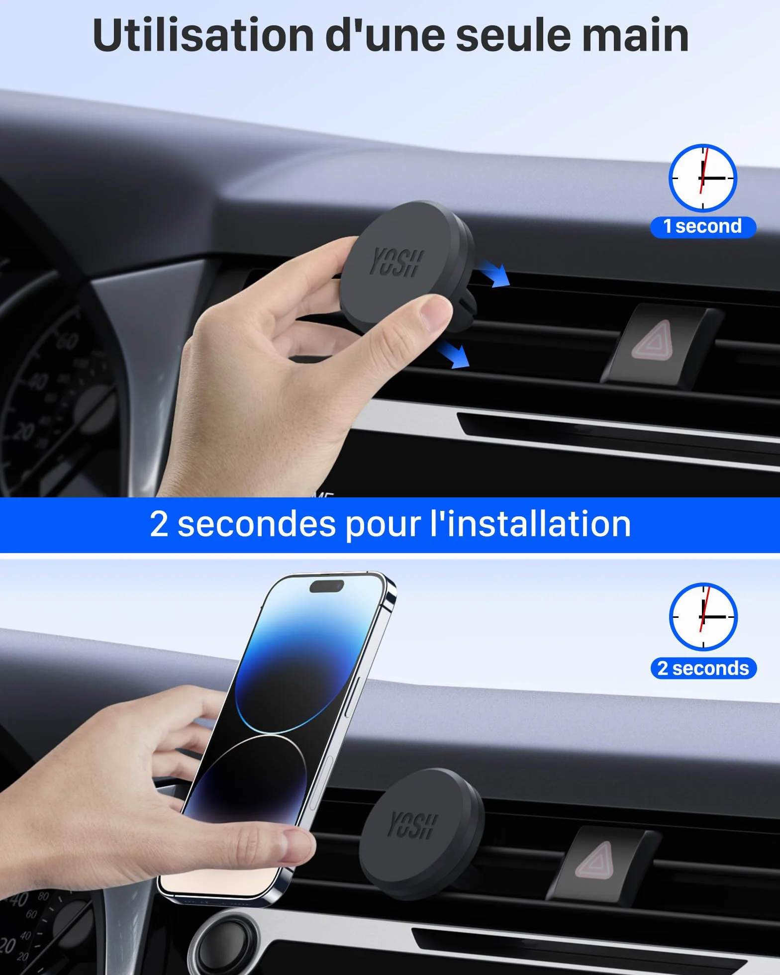 YOSH Support Telephone Voiture Magnetique, [Magnétisme Puissant] Porte Téléphone Voiture Aimanté pour iPhone 16 15 14 Pro Max Plus, Samsung Huawei Xiaomi & Android Smartphone [avec Plaque de métal]