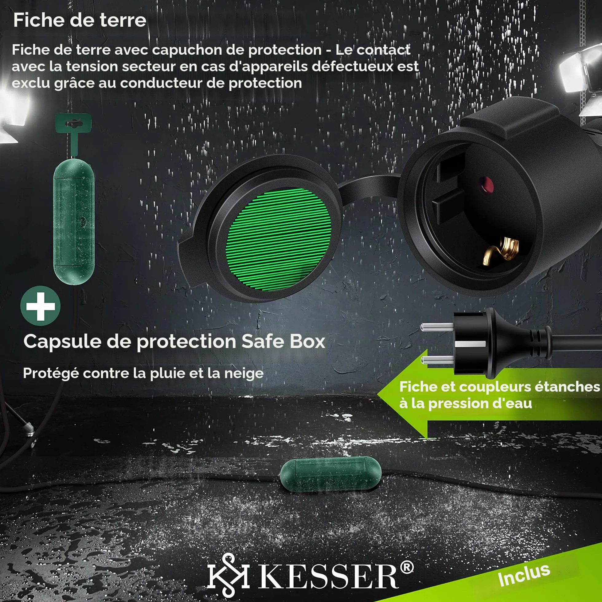 KESSER Rallonge 3 Prises 250 V IP44 40m Noir Câble électrique extérieur