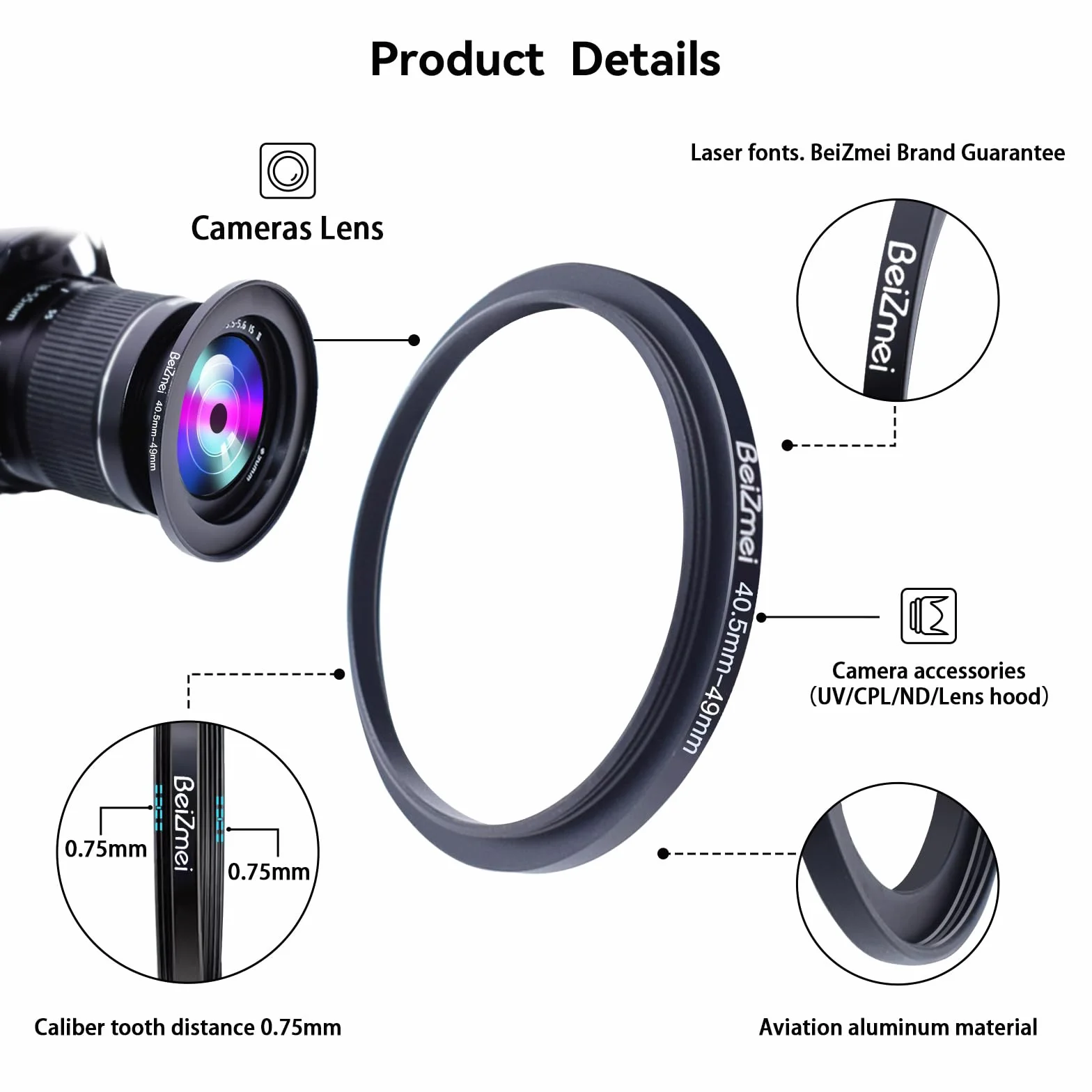 Filtre adaptateur 40,5 mm à 49 mm pour objectif photo UV ND CPL