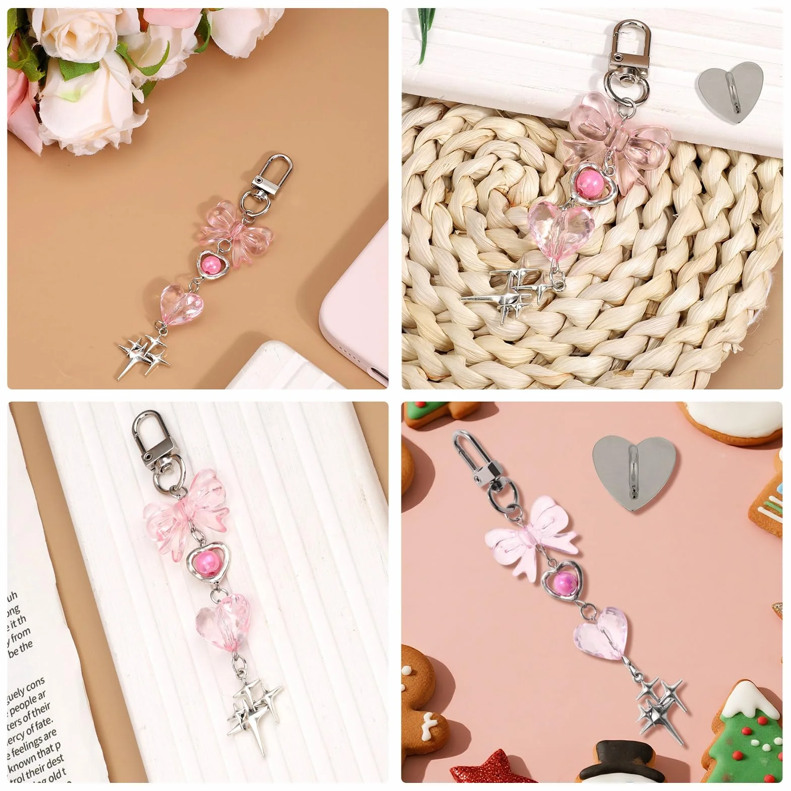 Chaîne de Charme pour Kindle, Délicate avec Nœud Cœur Étoile, Accessoire pour Étui de Téléphone Tablette Liseuse (Rose)
