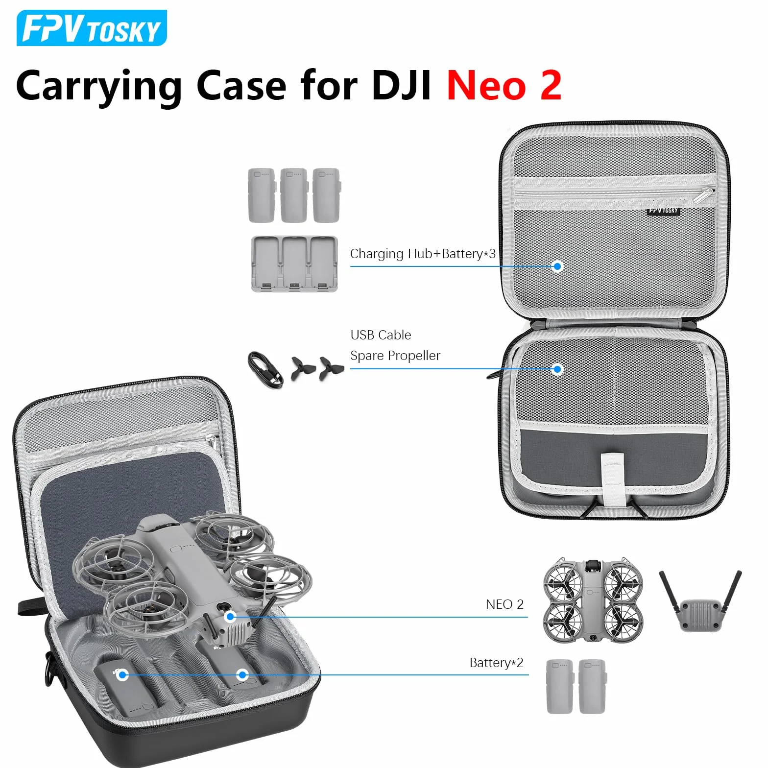 FPVtosky Neo 2 Étui de Voyage, Sac de Voyage en PU Portable pour Accessoires de Drone DJI Neo 2 [Seulement Le Sac]